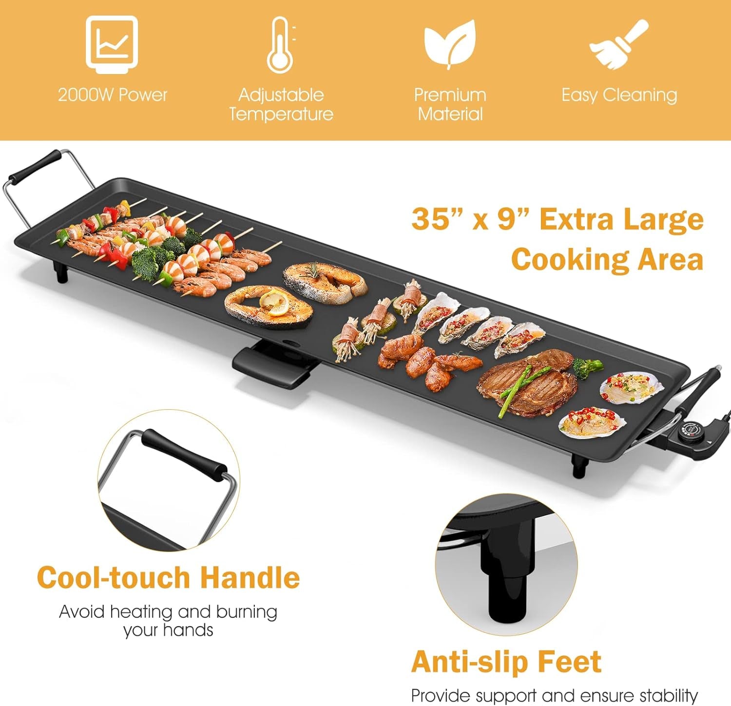 Costzon 35 Electric Griddle Teppanyaki Grill BBQ. Nonstick Extra Large Griddle Long Countertop Grill with Adjustable Temperature & Drip Tray. Indoor Outdoor Cooking Plates for Pancake Barbecue - Image 4