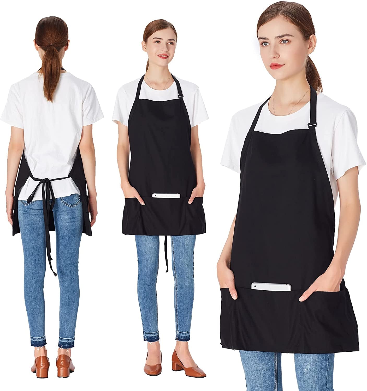 2 Pack 3 Pockets 100% Cotton Adjustable Bib Apron Chef Kitchen Cooking Aprons for Women Men. Black - Image 3