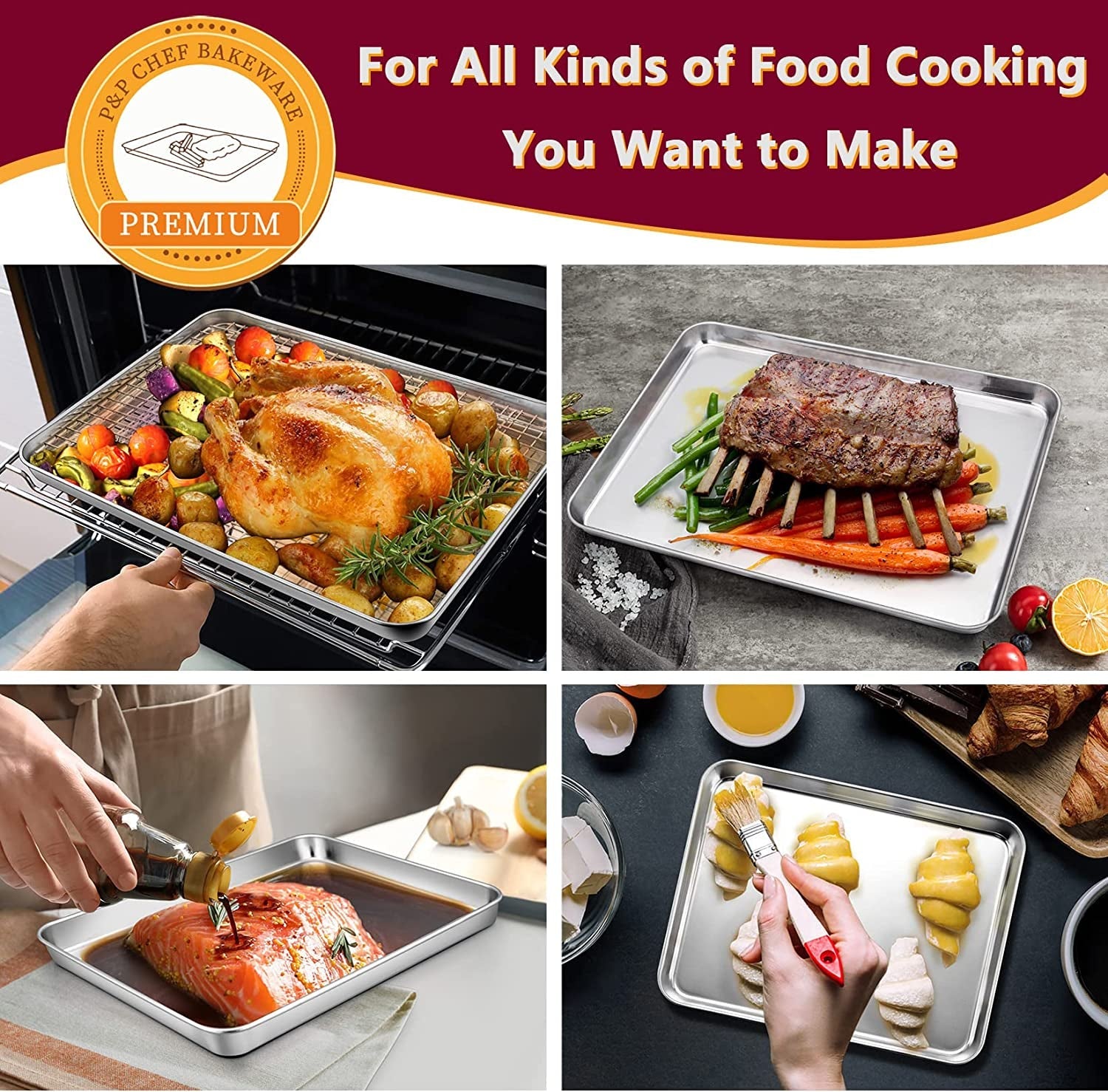 P&P CHEF Baking Sheet and Rack Set. 6 PACK (3 Sheets + 3 Racks). 3 Sizes Stainless Steel Baking Pans Cookie Sheets with Cooling Racks for Cooking & Roasting. Oven & Dishwasher Safe. Healthy & Durable - Image 4