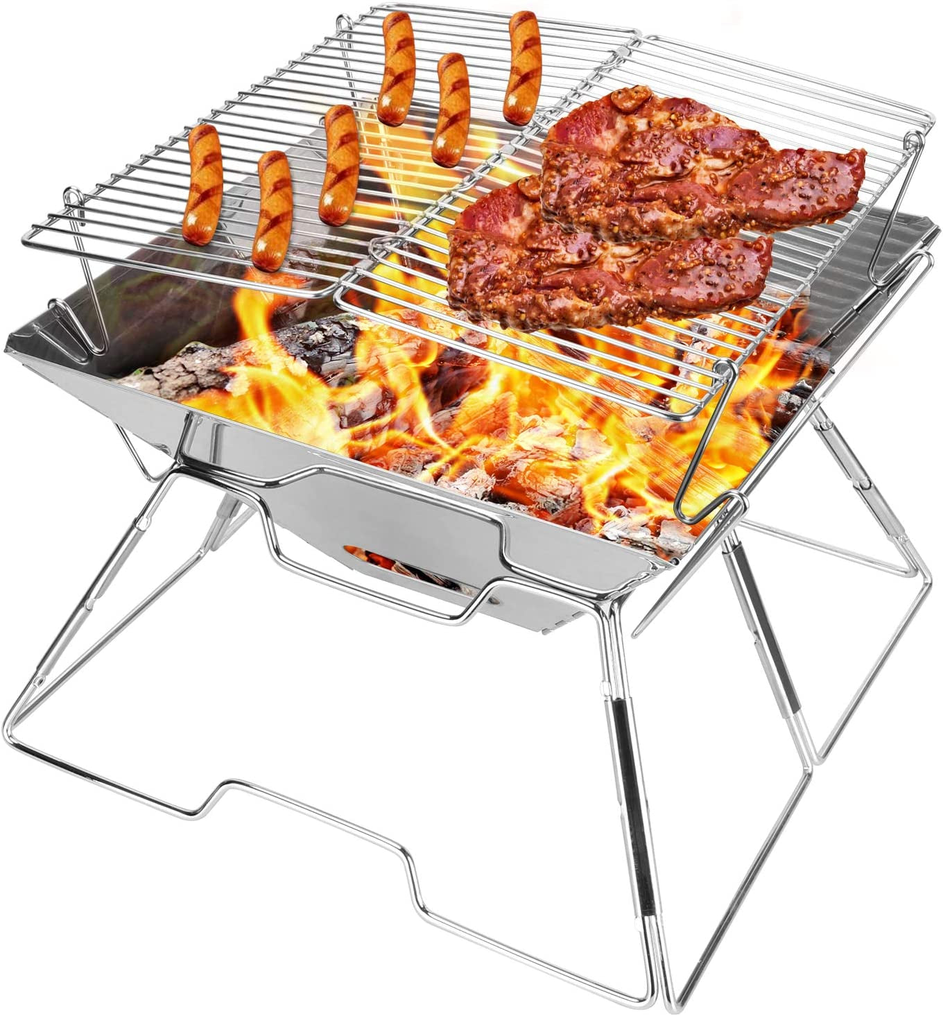 Odoland Folding Campfire Grill. 304 Stainless Steel Grate Barbeque Grill. Portable Camping Grill with Legs for Picnics. Backpacking. Outdoor with Carrying Bag and Kitchen Tongs - Image 9