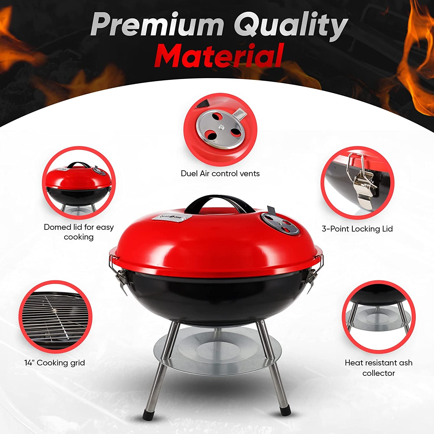 Gas One – 14-Inch Portable Barbecue Grill with 3-Point Locking Lid for Heat Preservation – Dual Venting System – Small Charcoal Grill for Backyard. Camping. Boat - Image 4