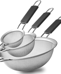 Stainless Steel Fine Mesh Strainers (Set of 3) – Wire Sieves with Insulated Handles for Flour. Rice. Pasta & Baking