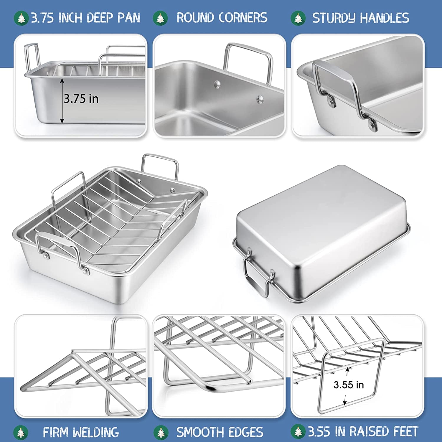 15¼ Roasting Pan with Rack. 7 PCS P&P CHEF Stainless Steel Roaster Lasagna Pan with Cooling Flat & V-Shaped Baking Rack. Grilling Chicken Holder. Meat Shredding Claws. Dishwasher & Oven Safe - Image 3
