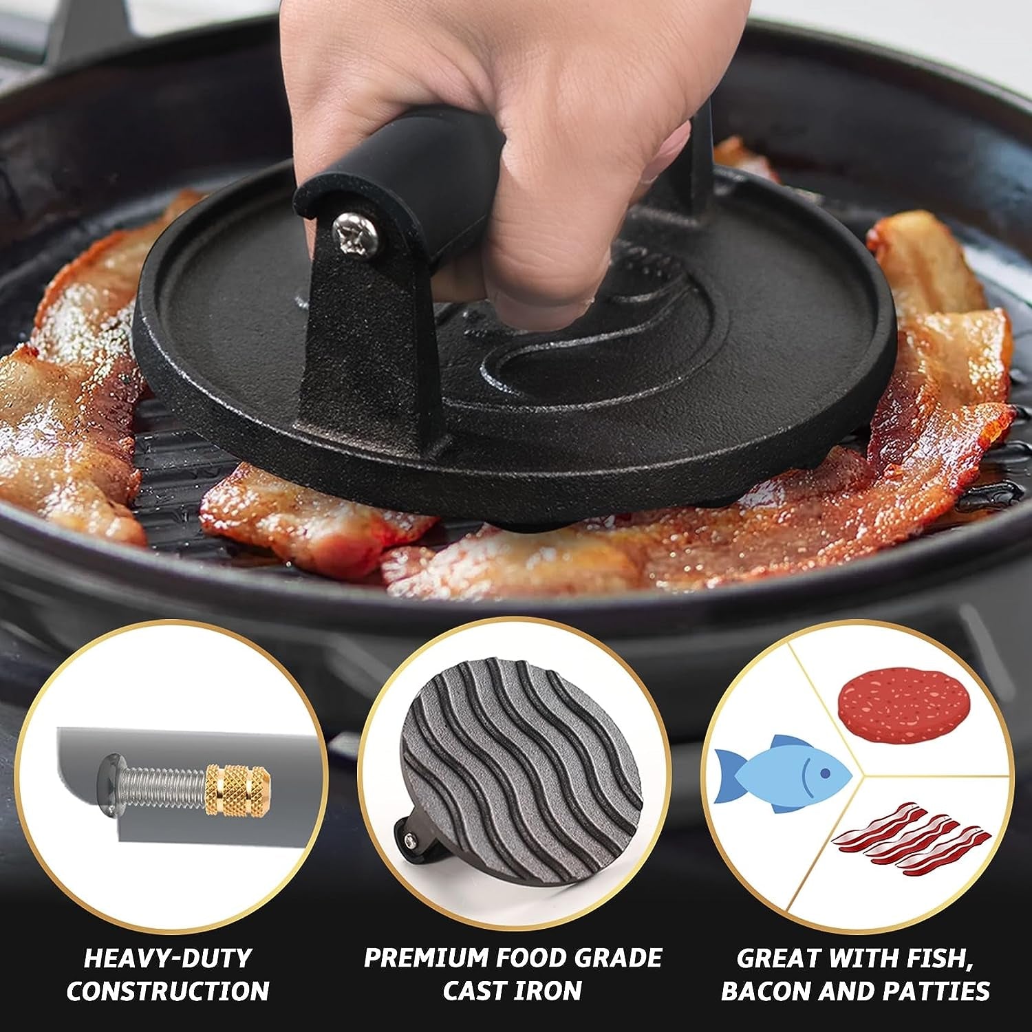 Smash Burger Press - Heavy Duty Hamburger Press W/Heat Resistant Handle - Cast Iron Grill Press. Bacon Press. Sandwich Press - round Burger Smasher for Griddle - Meat Press - BBQ Grilling Accessories - Image 3