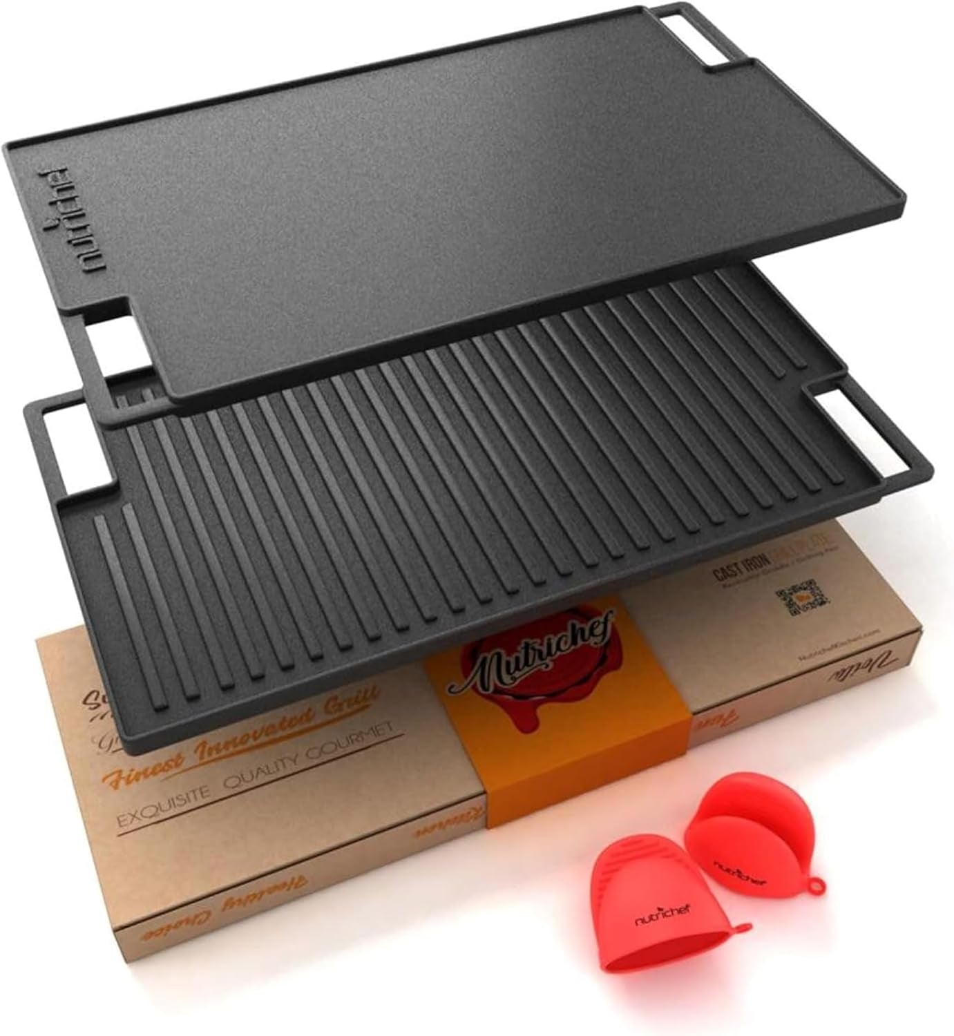 Nutrichef Cast Iron Reversible Grill Plate – 18 Inch Flat & Ridged Skillet Griddle Pan. Fits Two Burners. for Gas. Electric. Ceramic Stovetops. with Silicone Oven Mitt - Image 9