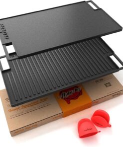 Nutrichef Cast Iron Reversible Grill Plate – 18 Inch Flat & Ridged Skillet Griddle Pan. Fits Two Burners. for Gas. Electric. Ceramic Stovetops. with Silicone Oven Mitt