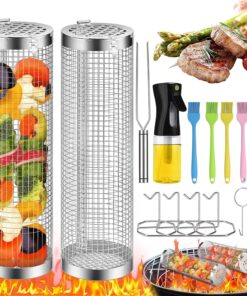 Rolling Grilling Basket. 2 PCS BBQ Grill Basket . Stainless Steel Grill Mesh with Grilling Accessories. Portable Outdoor Camping BBQ Grill Nets Cylinder for Fish. Shrimp. Vegetables. Meat