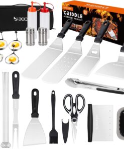 Griddle Accessories Kit. 34Pcs Stainless Steel Flat Top Grill Tools Set for Blackstone and Camp Chef. Grilling Spatula Set. Scraper. Carry Bag. Grill Cleaning Accessories for Men Outdoor BBQ