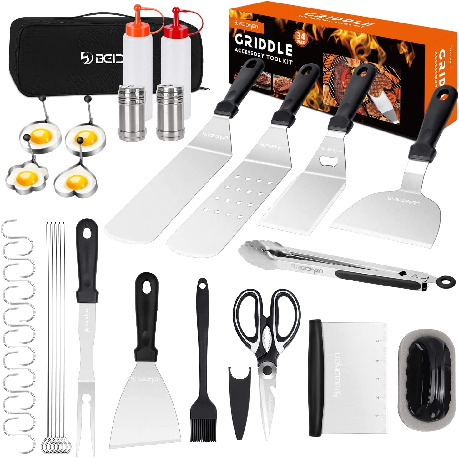 Griddle Accessories Kit. 34Pcs Stainless Steel Flat Top Grill Tools Set for Blackstone and Camp Chef. Grilling Spatula Set. Scraper. Carry Bag. Grill Cleaning Accessories for Men Outdoor BBQ