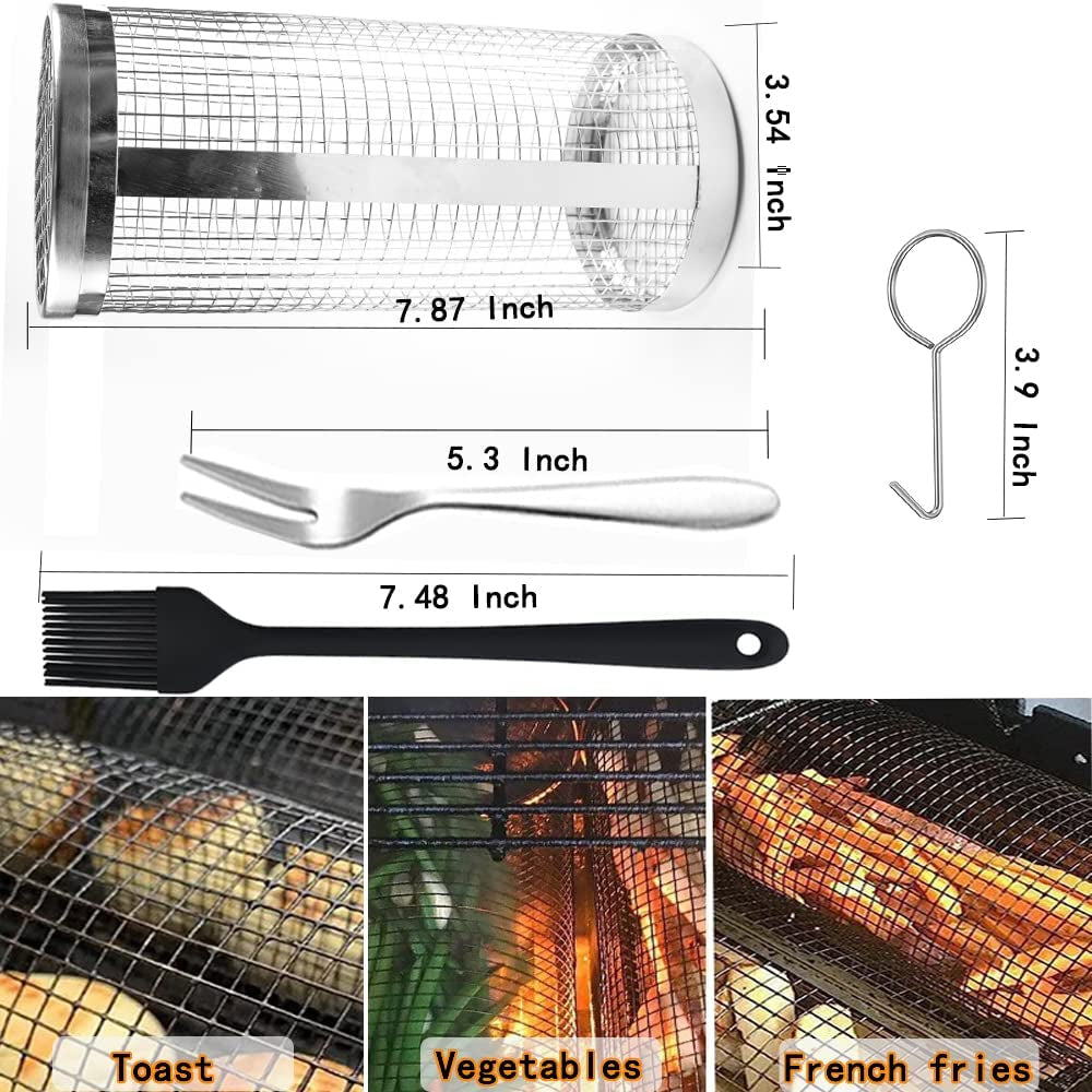 Cooking Coll Rolling Grilling Basket.Round Stainless Steel BBQ Grill Mesh.Grill Baskets for Outdoor Grill.Barbecue Net Tube Grate Fish.Vegetable.Fries - Camping Picnic Cookware(Mid.7.87 X 3.54 Inch) - Image 7