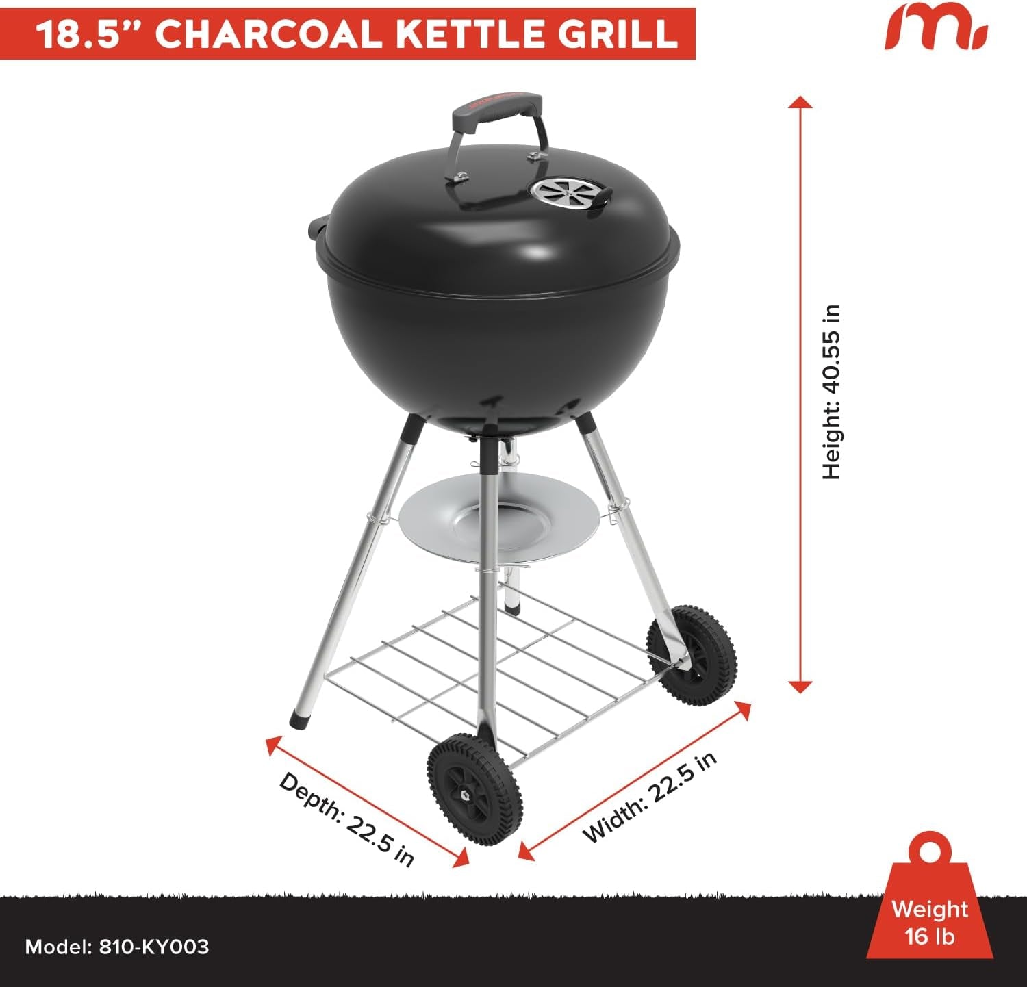 Premium Charcoal Grill. 18 Heavy Duty Charcoal Kettle Grill. Outdoor Cooking. Camping Patio. Backyard. Tailgating. Black - Image 8