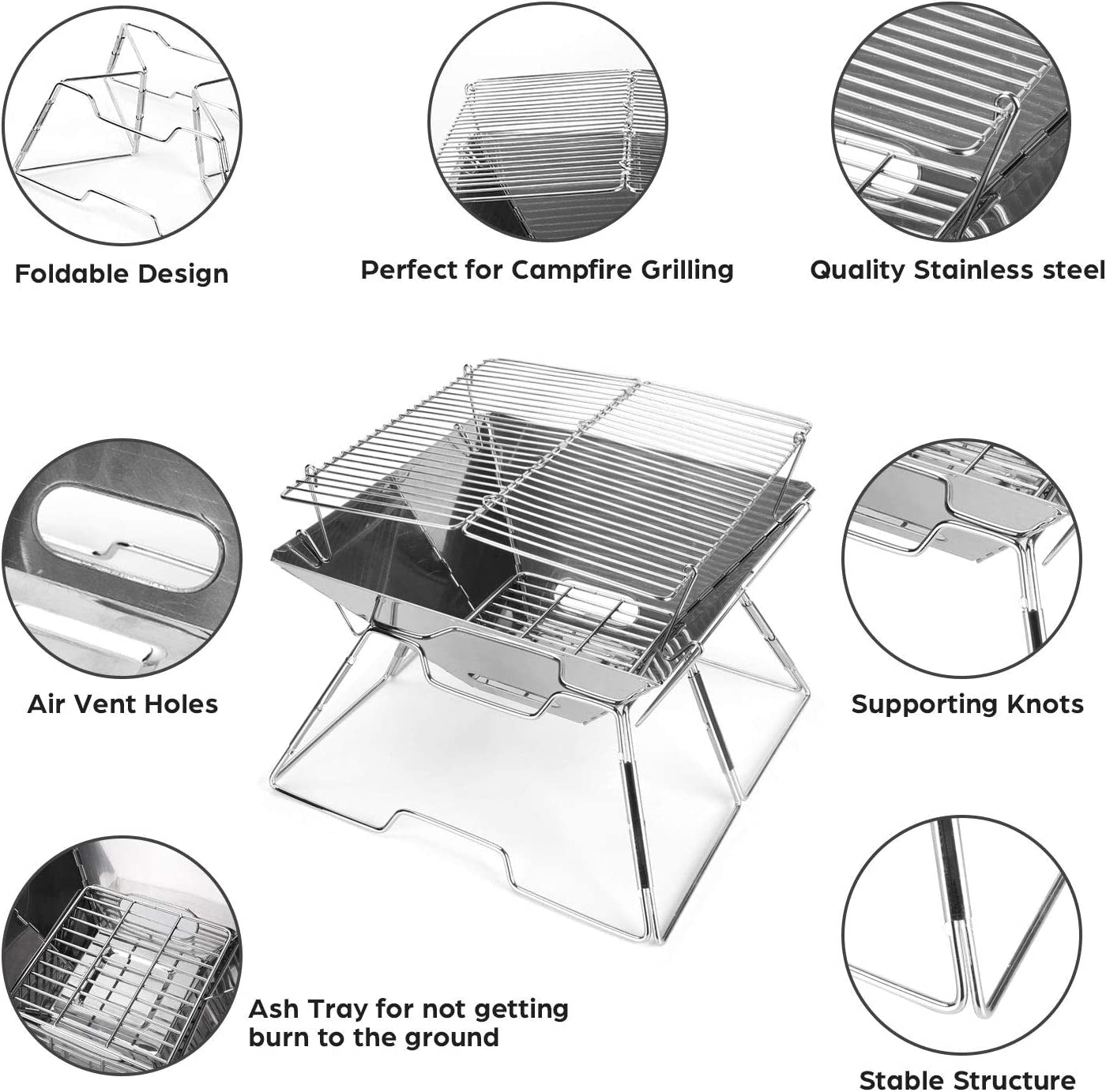 Odoland Folding Campfire Grill. 304 Stainless Steel Grate Barbeque Grill. Portable Camping Grill with Legs for Picnics. Backpacking. Outdoor with Carrying Bag and Kitchen Tongs - Image 5