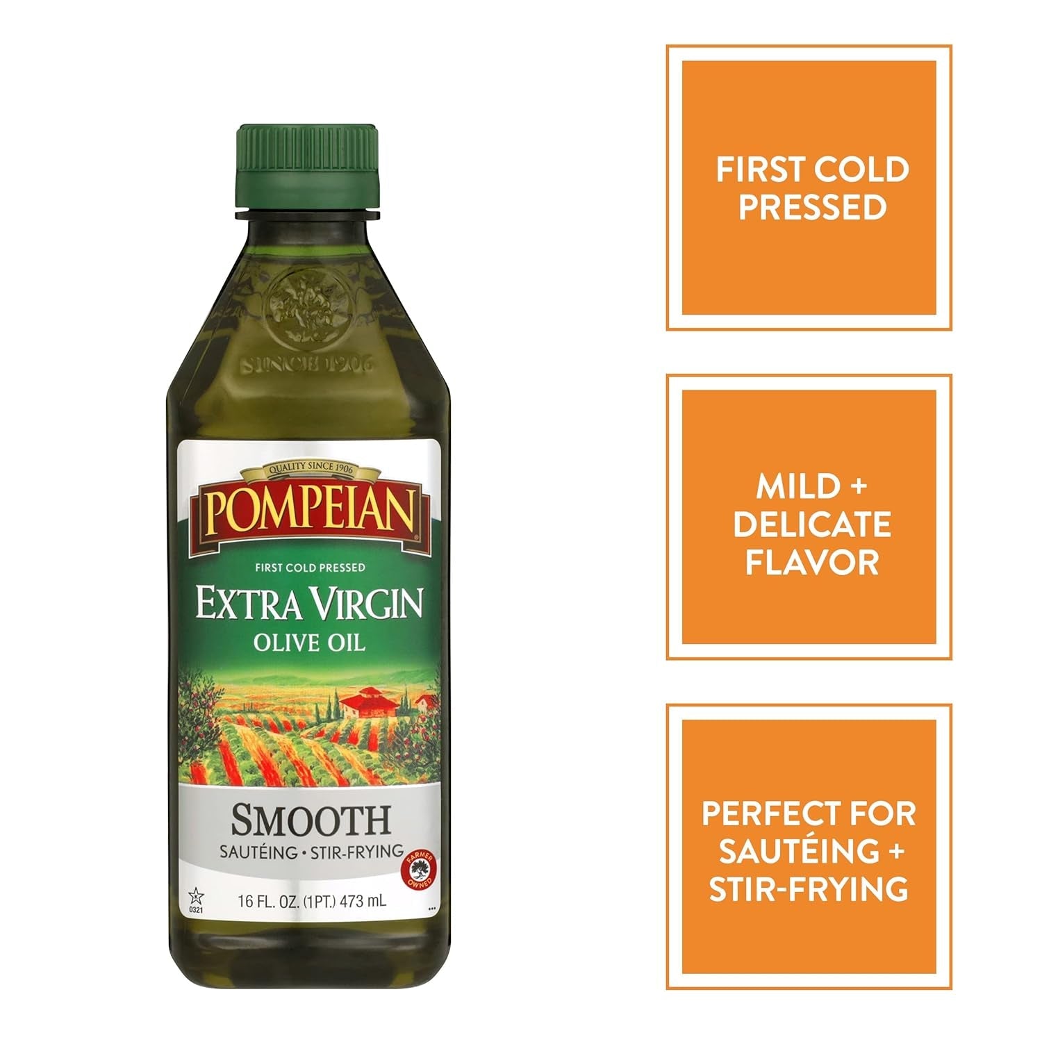Pompeian Smooth Extra Virgin Olive Oil. Contains Polyphenols. First Cold Pressed. Mild and Delicate Flavor. Perfect for Sauteing & Stir-Frying. Naturally Gluten-Free. Non-Gmo. 16 FL Oz. Single Bottle - Image 2
