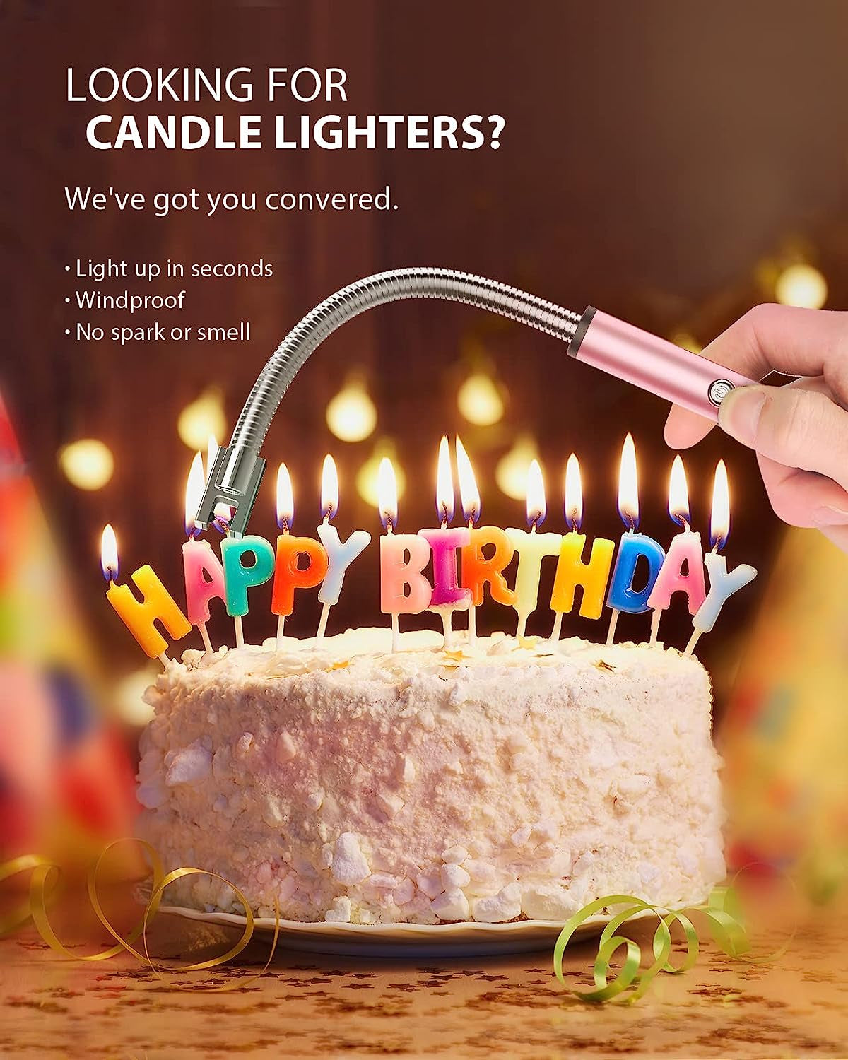 RONXS Lighter Electric Lighter Rechargeable Arc USB Candle Lighters with LED Battery Display. Flexible Neck Windproof Flameless Plasma Long Lighters for Candle BBQ Camping (N-Pink&Gold) - Image 6