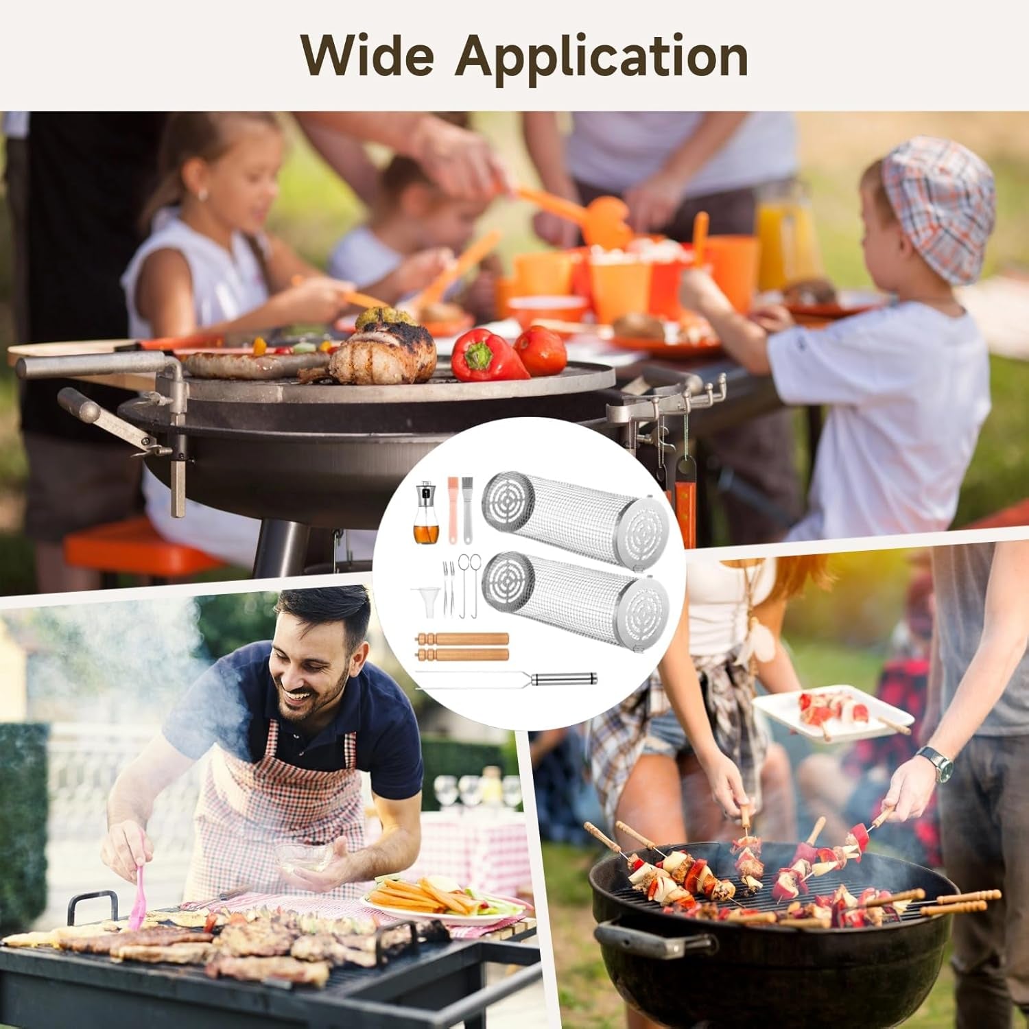 2 PCS Rolling Grilling Baskets for Outdoor Grill BBQ. Stainless Steel Cylinder Grill Mesh Barbeque Grill Accessories. Outdoor round BBQ Stainless Steel Grill Basket Campfire Grill Grid - Image 6