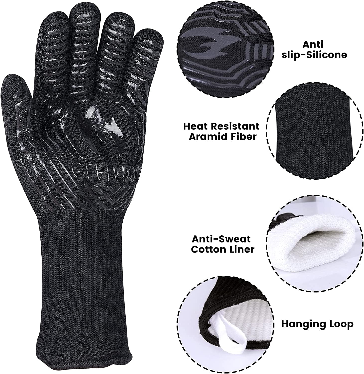 BBQ Gloves.1472℉ Heat Resistant Grill Gloves. EN407 Certified 13 Inch Grilling Gloves for Smoker. Baking. Cooking. Fire Pit (Black-Flames Texture) - Image 4