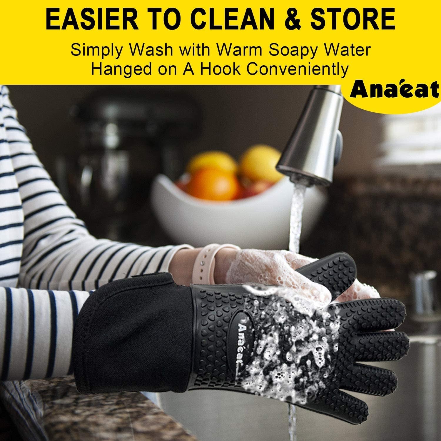 Anaeat BBQ Grilling Gloves Heat Resistant. Versatile Waterproof Cooking Gloves - 100% Cotton Lining Silicone Oven Mitts. Flexible Potholder for Barbecue. Baking - Thick Long Wrist Protection (Black) - Image 5