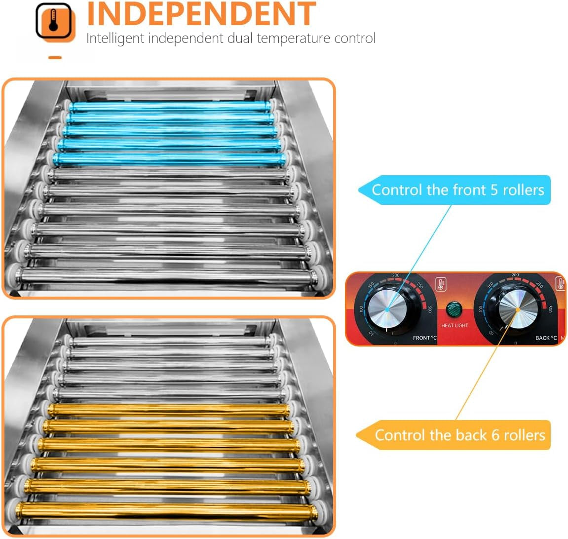 1670W Hot Dog Roller Machine/Sausage Grill with Dust Cover.Stainless Steel 11 Rollers 30 Hot Dog Roller Grill Cooker Machine with Dual Temp Control and LED Light/Detachable Drip Tray - Image 2