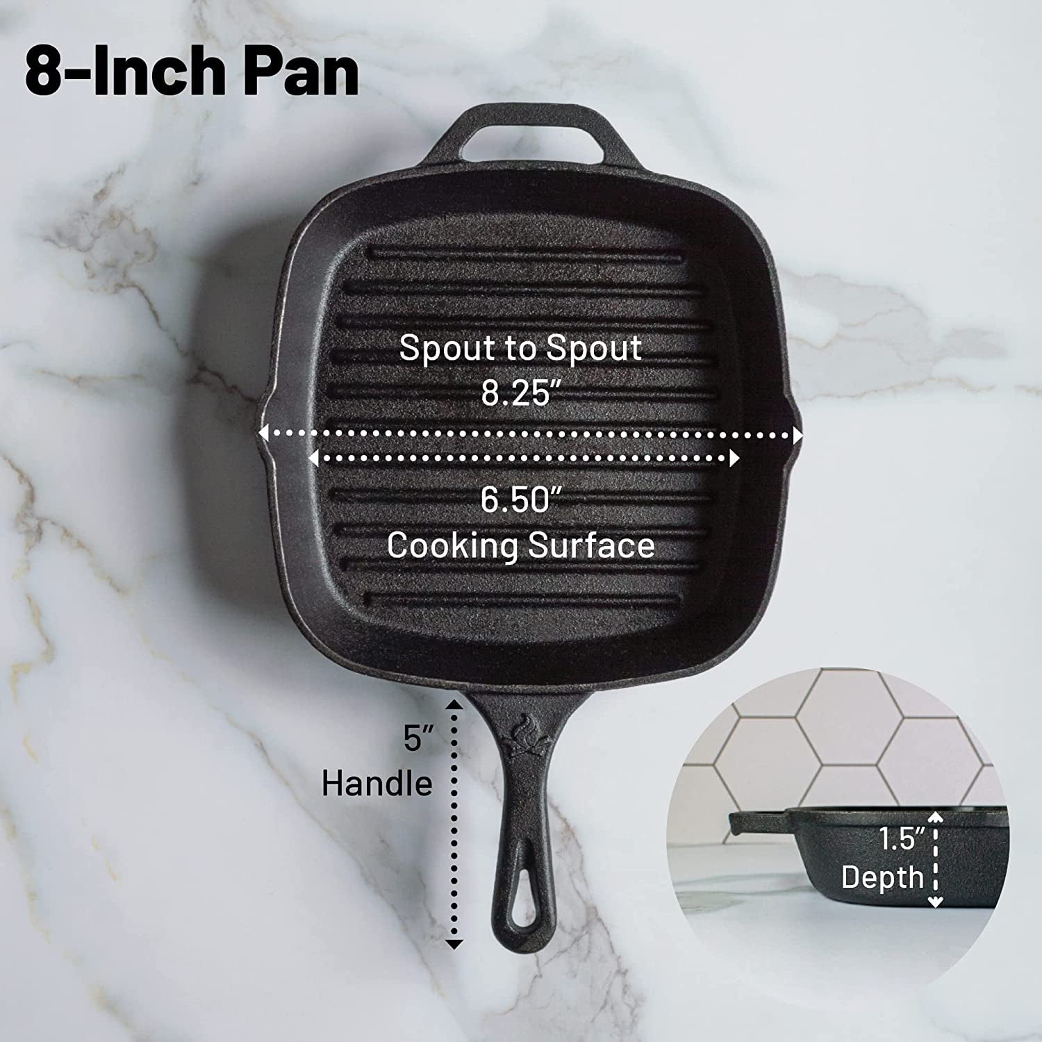 8 Inch Square Grill Pan Medium Pre-Seasoned Cast Iron - Image 2