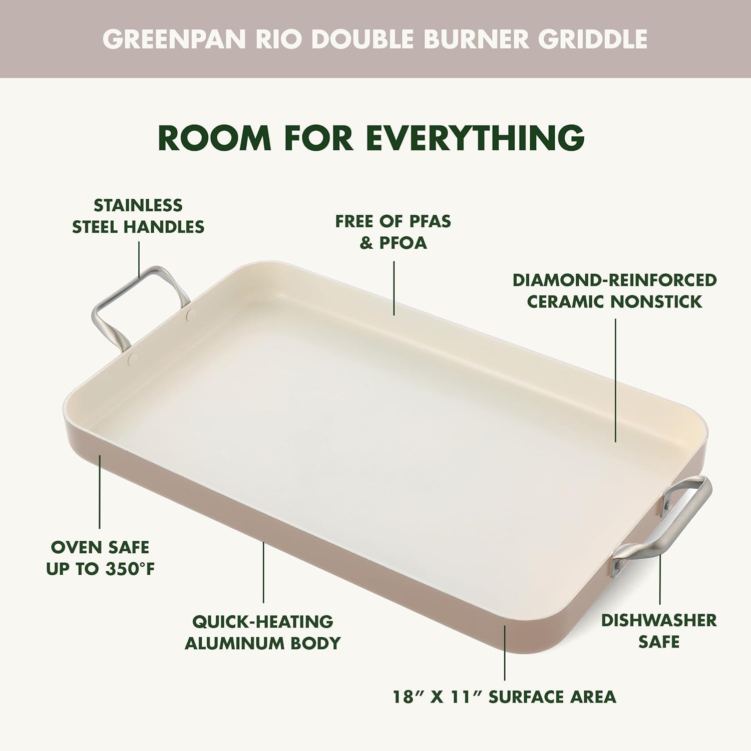 Greenpan 18 X 11 Double Burner Griddle Pan. Hard Anodized Healthy Ceramic Nonstick Pfas-Free. Stainless Steel Handles. Stovetop Cooking. Dishwasher Safe. Oven & Broiler Safe Cookware. Taupe - Image 3