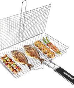 CEBERVICE Grill Basket Extra Large. SUS304 Food Safe Stainless Steel. Portable Folding BBQ Outdoor Camping Grilling Rack for Fish. Vegetables. Shrimp. Barbeque Griller Cooking Accessories. Grilling Gifts for Men. Dad. Father. Husband