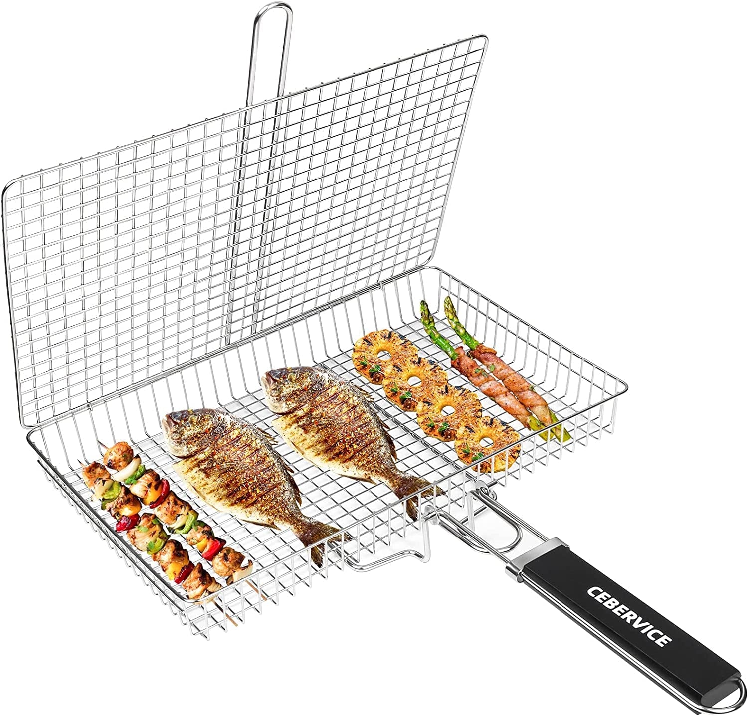 CEBERVICE Grill Basket Extra Large. SUS304 Food Safe Stainless Steel. Portable Folding BBQ Outdoor Camping Grilling Rack for Fish. Vegetables. Shrimp. Barbeque Griller Cooking Accessories. Grilling Gifts for Men. Dad. Father. Husband