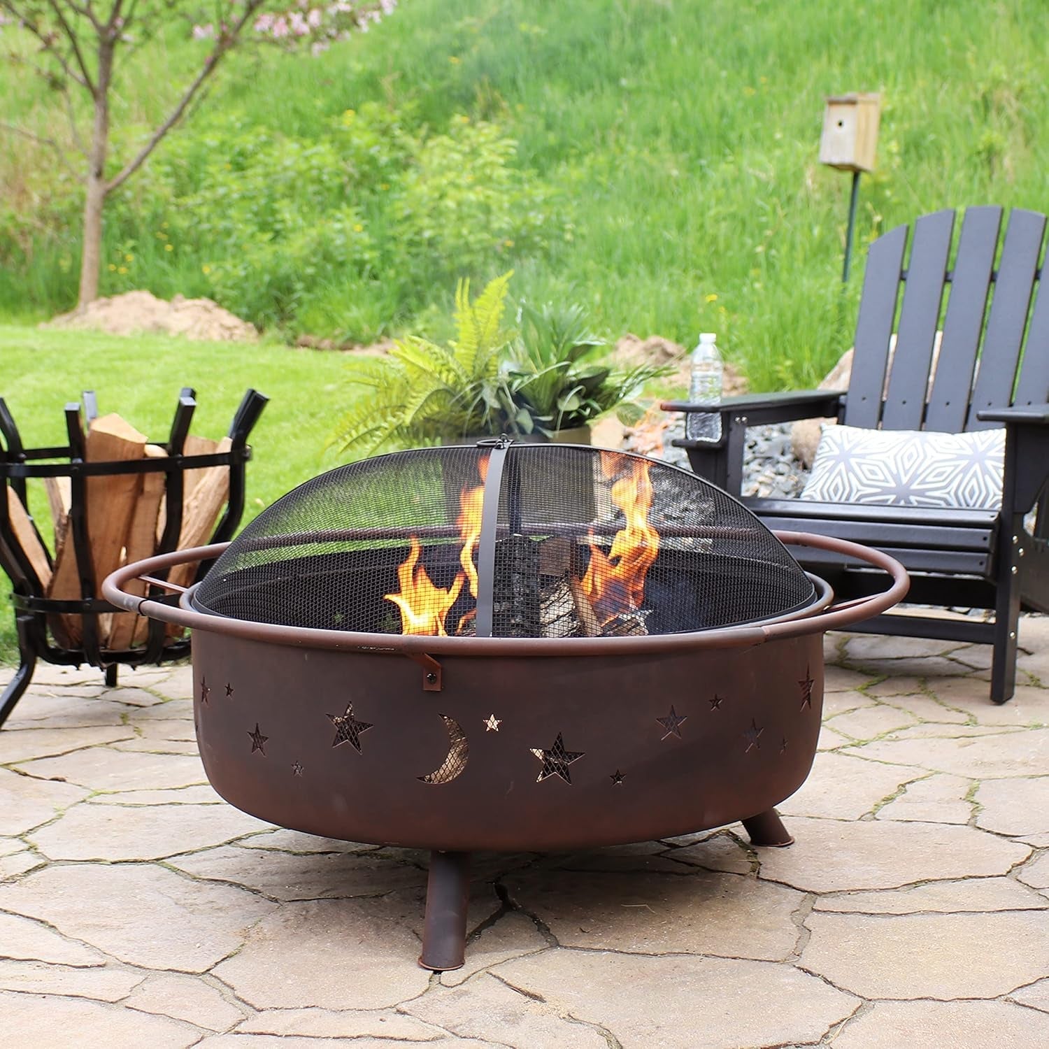 Sunnydaze Cosmic 42-Inch Large Outdoor Fire Pit - Wood-Burning Fire Pit with round Spark Screen. Poker. and Built-In Grate - Image 7