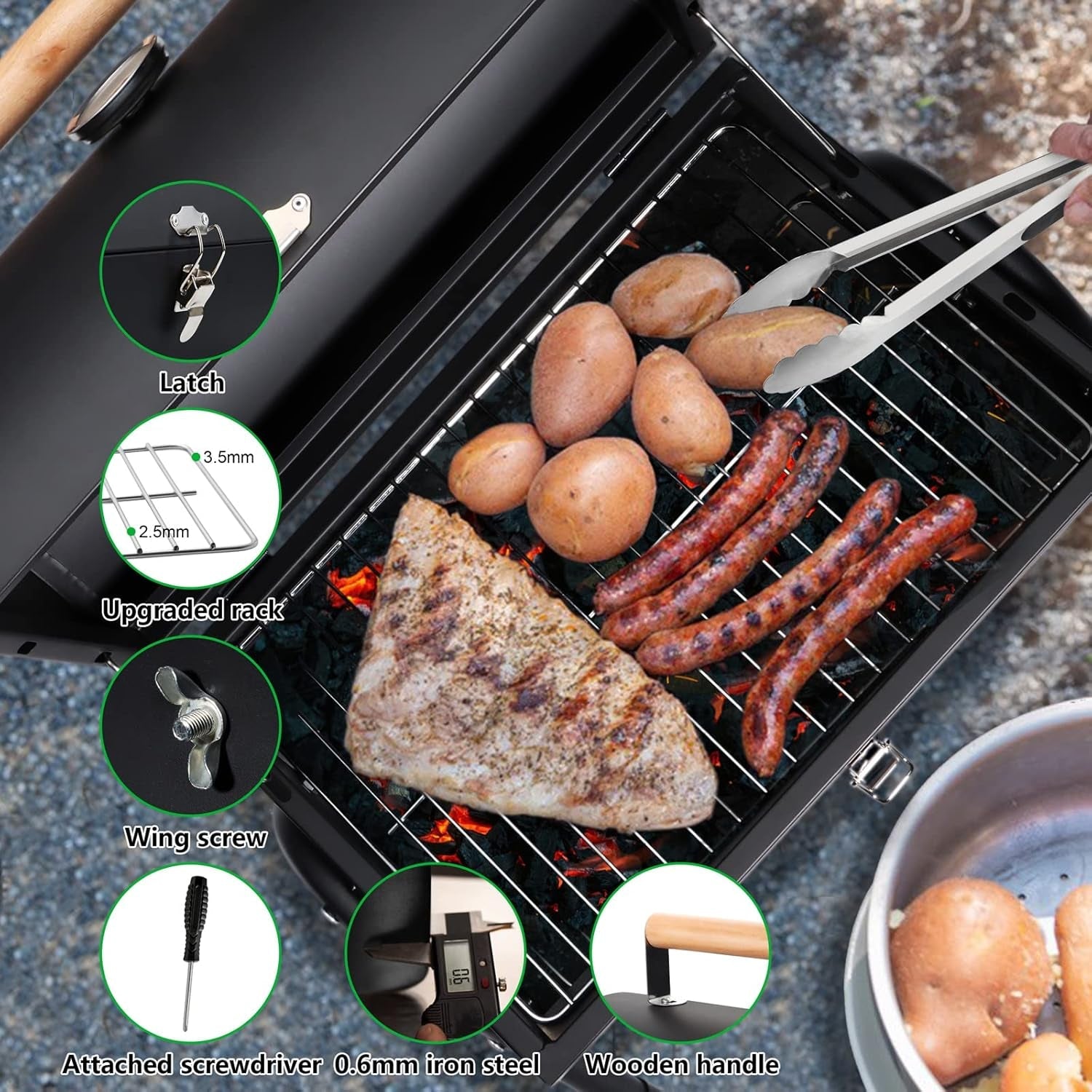 Portable Charcoal Grill Set of 9. Hasteel Small Compact BBQ Grill. Mini Folding Outdoor Grill with Chimney. Tabletop Grill & Grilling Accessories for Barbecue Camping Picnic. Screwdriver & Thermometer - Image 4