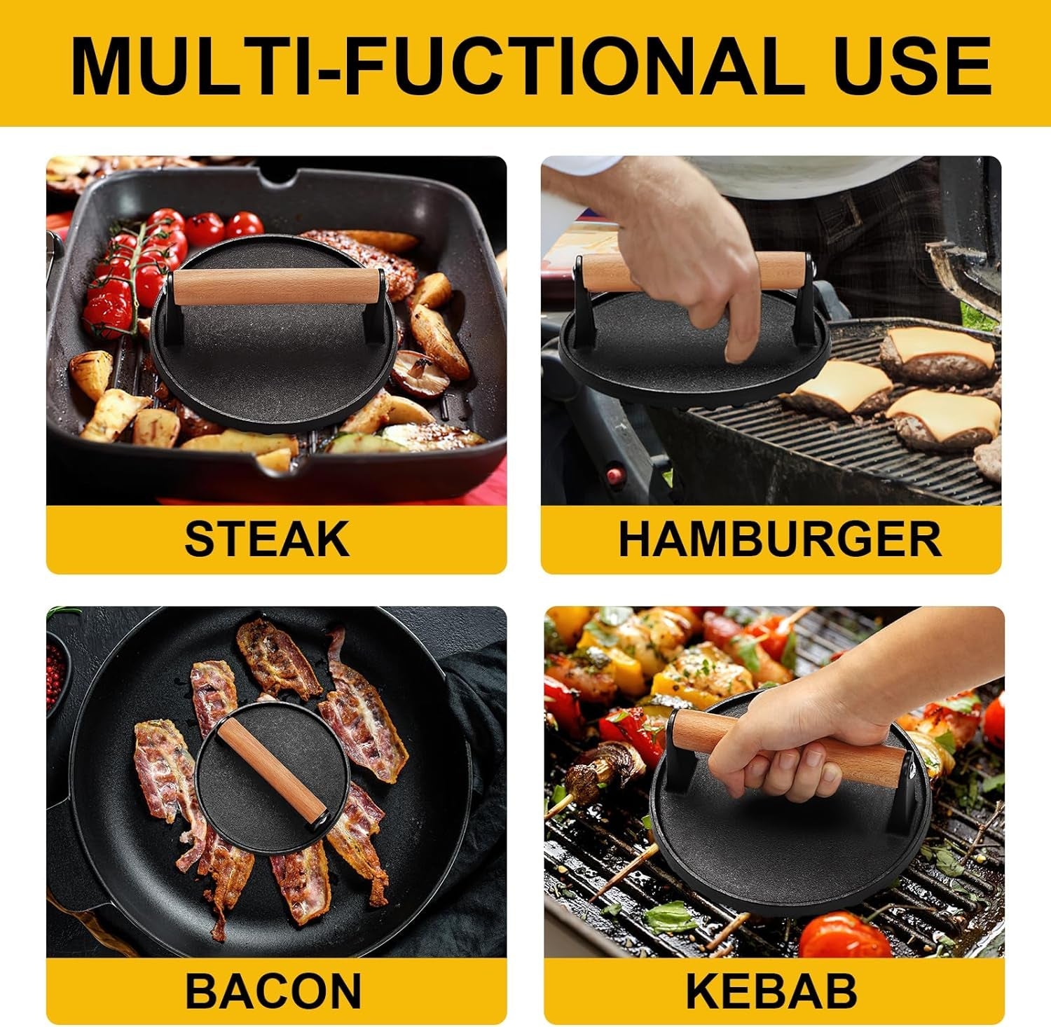 AIVIKI Burger Press. Smash Burger Press for Blackstone Griddle. Heavy Duty Cast Iron round 6.9In Bacon Grill Press with Wood Handle. Meat Steak Weight for Sandwich. Paninis (Round) - Image 5