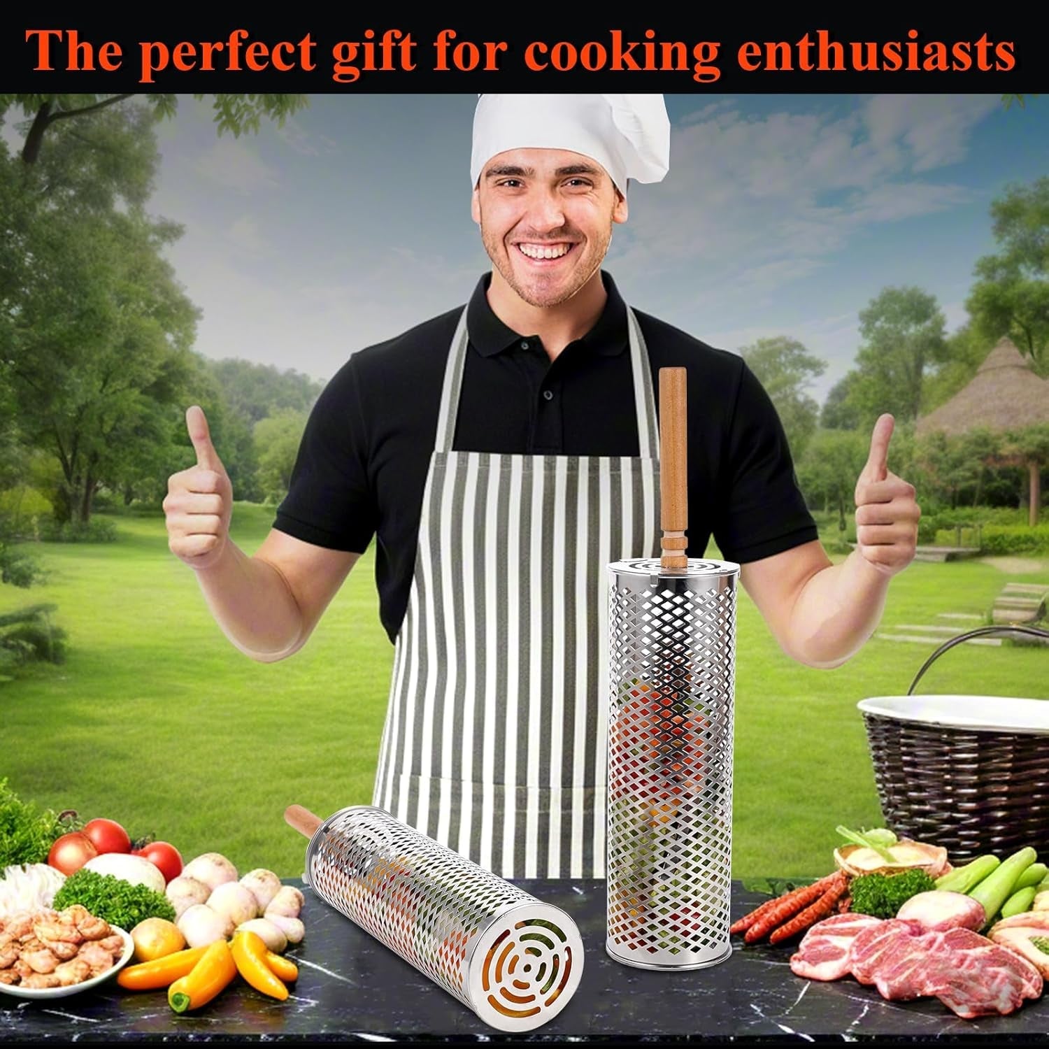 Rolling Grill Baskets(2 PCS).304 Stainless Steel with Removable Wooden Handle. Rolling Grilling Net for Vegetables. Shrimp. Fish. BBQ Accessories for Outdoor Cooking. Camping. Birthday Gifts for Men. Dad. Husband - Image 6