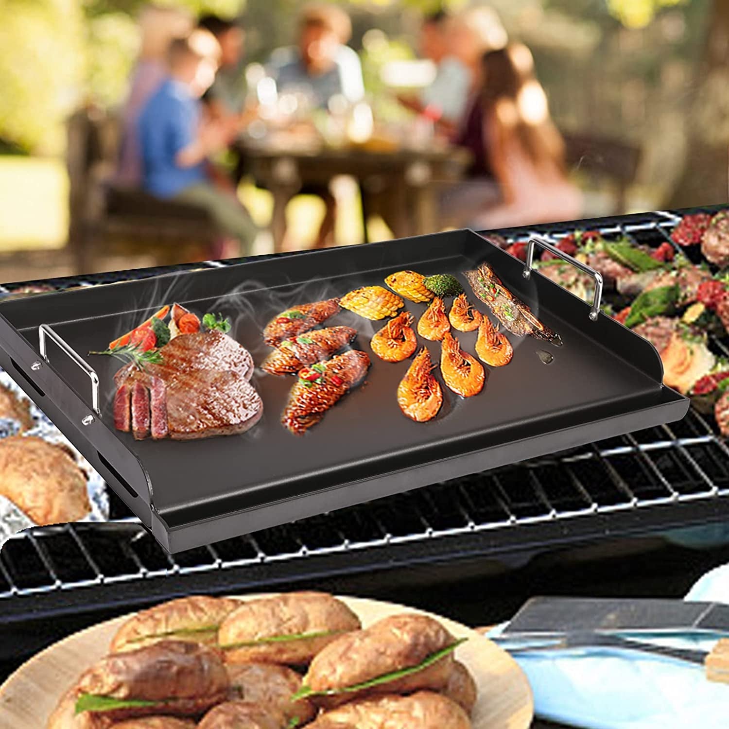 25 X 16 Nonstick Coating Cooking Griddle for Gas Grill. Universal Griddle Flat Top Plate Insert with Grease Groove and Removable Handles for Charcoal/Gas Grills. Camping. Tailgating. Parties - Image 6