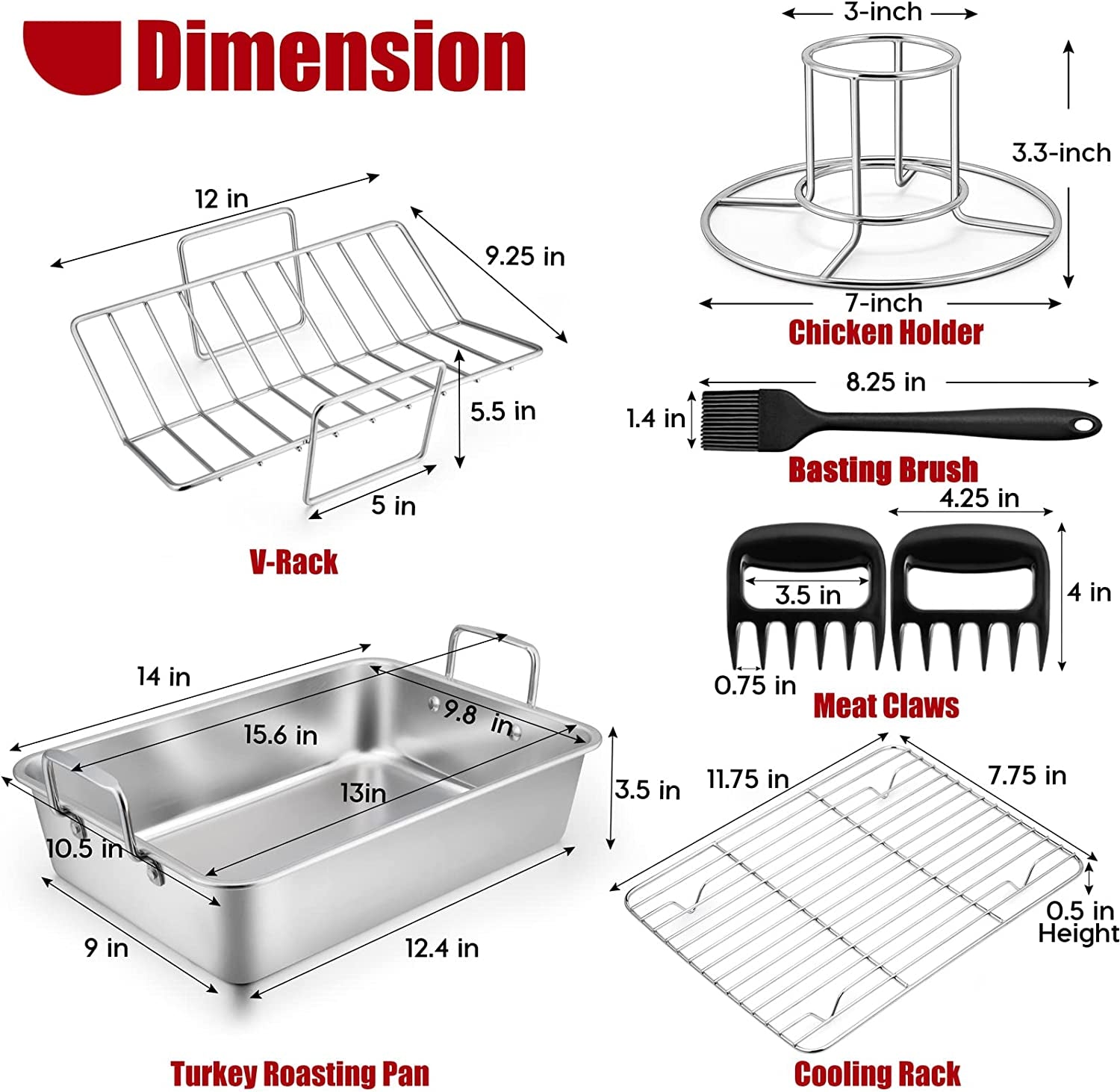 Teamfar Roasting Pan. 14 in Stainless Steel Turkey Roaster Pan with Cooling Rack & V Rack. Beer Can Chicken Holder/Meat Claws/Brush. Healthy & Dishwasher Safe. Set of 7 - Image 2