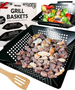 Grill Grilling Basket Set - Premium Accessories for Outdoor Grill - Perfect for Veggies and More! Enhance Your BBQ Experience with This Heavy-Duty Grill Basket - Includes Bonus Gift: Wooden Scraper - Must-Have  Grill Accessories for Grilling Enthusiasts
