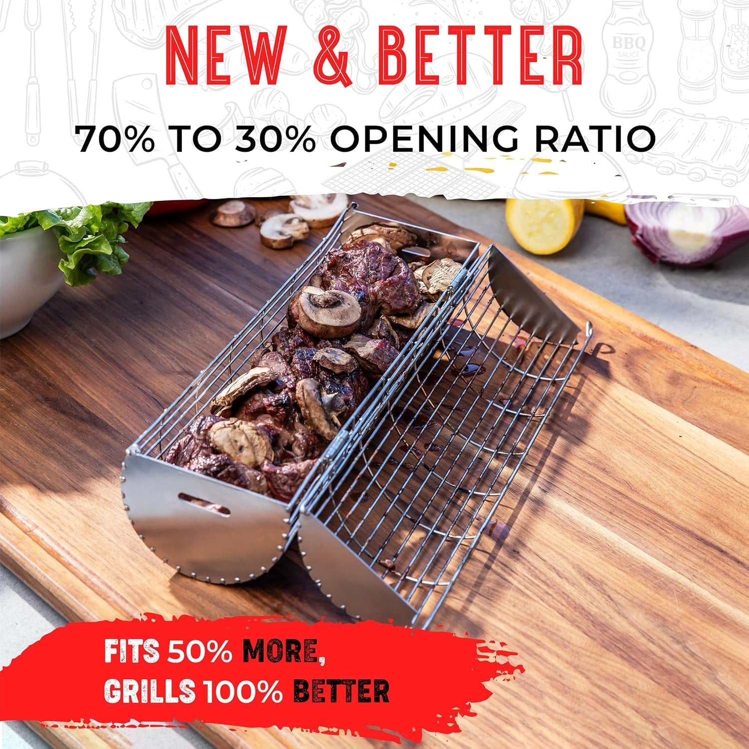 Rolling Grill Basket. New Opening Design. Extra Sturdy Cylinder Grilling Basket. Food Grade Stainless Steel. Large Portable Outdoor Camping Accessories BBQ Net Rack. Cooking Griller for Fish. Vegetables. and More - Gifts for Men Dad Husband - Set of 2 - Image 6