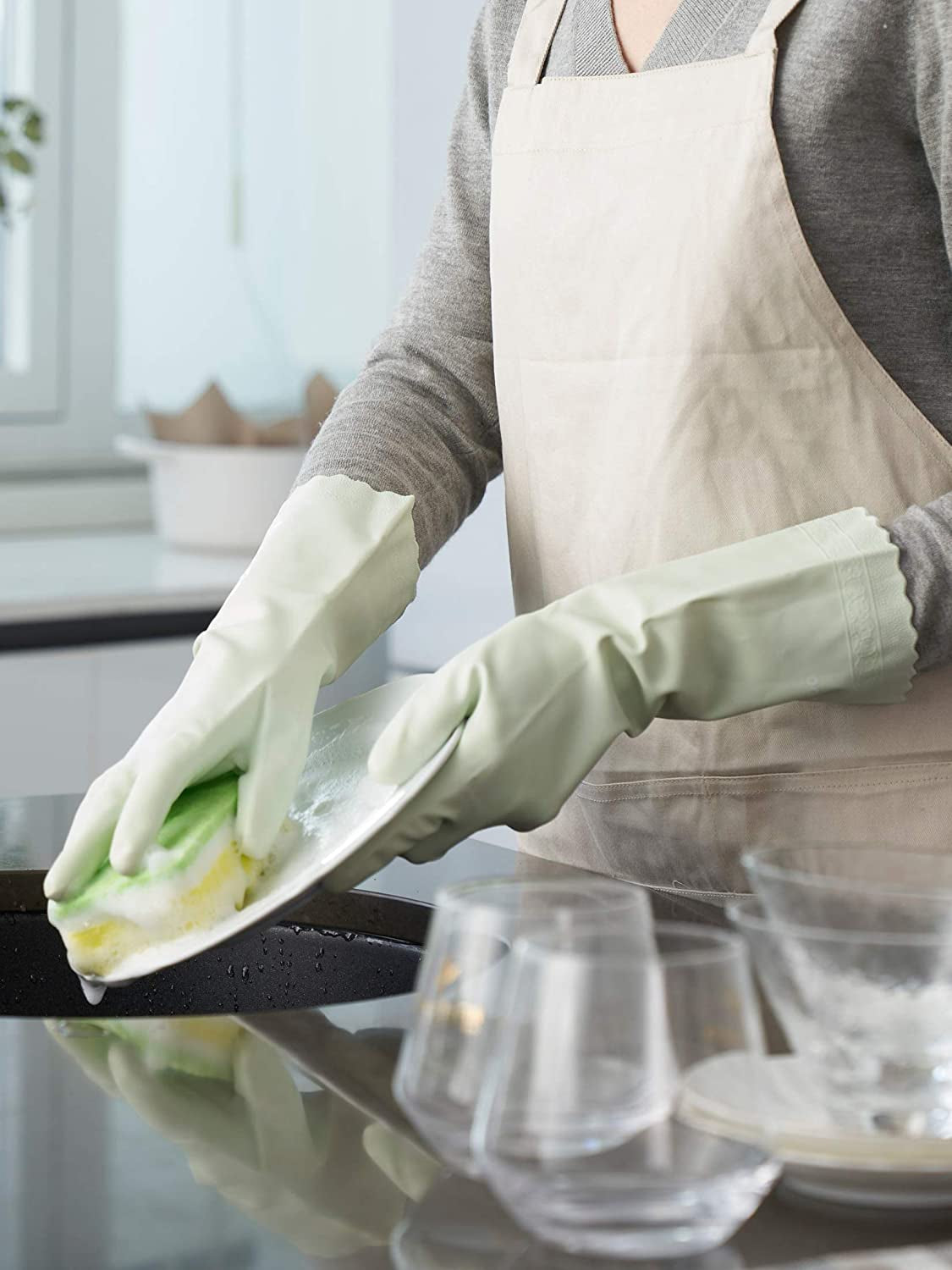 LANON 3 Pairs Wahoo Skin-Friendly Cleaning Gloves. Dishwashing Kitchen Gloves with Cotton Flocked Liner. Reusable. Non-Slip. Canary Green. Small - Image 2