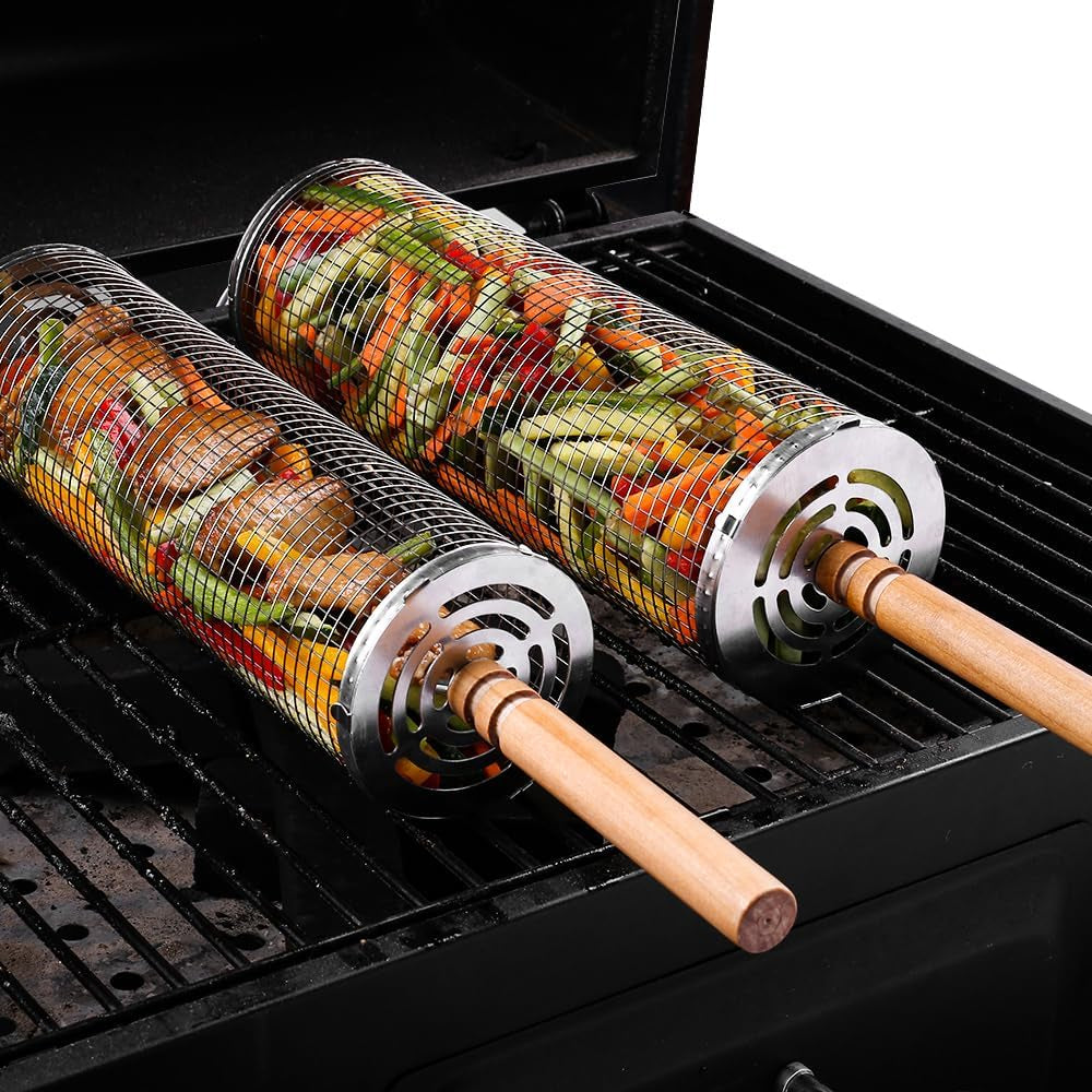 Rolling Barbecue Cage Large Stainless Steel Grilling Basket for Outdoor BBQ Mesh Net Tube Cooking Accessories for Vegetable Fish Camping Gift for Men Dad Husband Housewarming Perfect BBQ Tool - Image 9