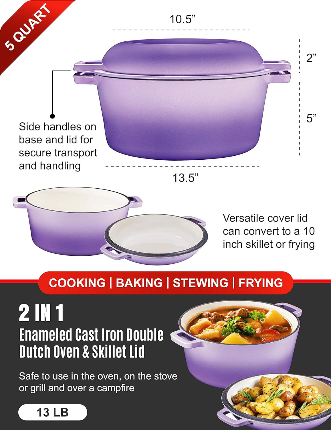 Bruntmor 2-In-1 Enamel Cast Iron Dutch Oven with Handles - Crock Pot Purple Cast Iron Pot with Skillet Lid - All-In-One Cookware Braising Pan for Casserole Dish - 5 Quart. Purple - Image 3