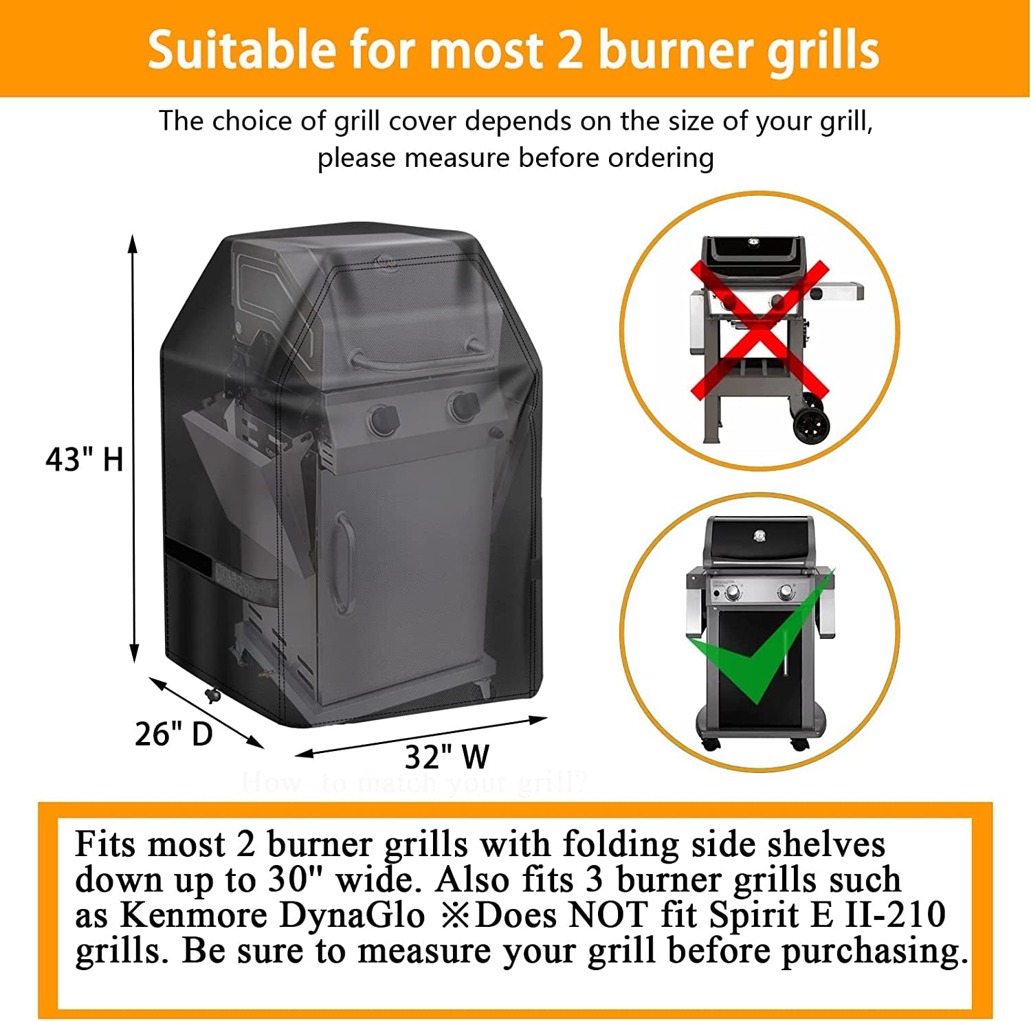 Aoretic Grill Cover 32 Inch Gas Bbq-Cover. Fit Most 2 Burner Grill Waterproof Small Barbeque Cover with Velcro Straps & Adjustable Drawstring for Weber.Nexgrill.Char-Broil. Monument.Dyna-Glo.Kenmore - Image 2
