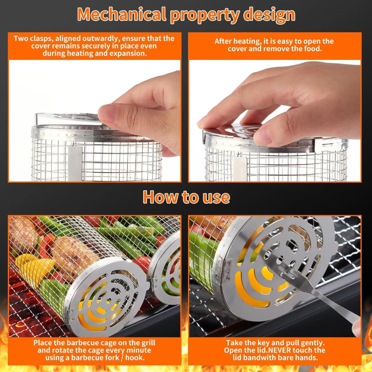 Wrakus Rolling Grilling Baskets for Outdoor - Grill Grate Charcoal round BBQ Stainless Steel Basket Campfire Grid Camping Picnic Cookware 1 (2PCS 300 * 90 90Mm) - Image 6