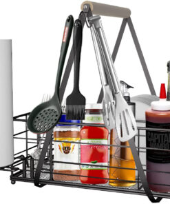 Picnic Caddy and Grill Utensil Caddy.Condiment Caddy. Grill-Caddy.Adjustable Compartment Storage.With 3 Hooks.Sturdy Thick.Easy Carry.Quick Assemble Grill Accessories Storage-Black