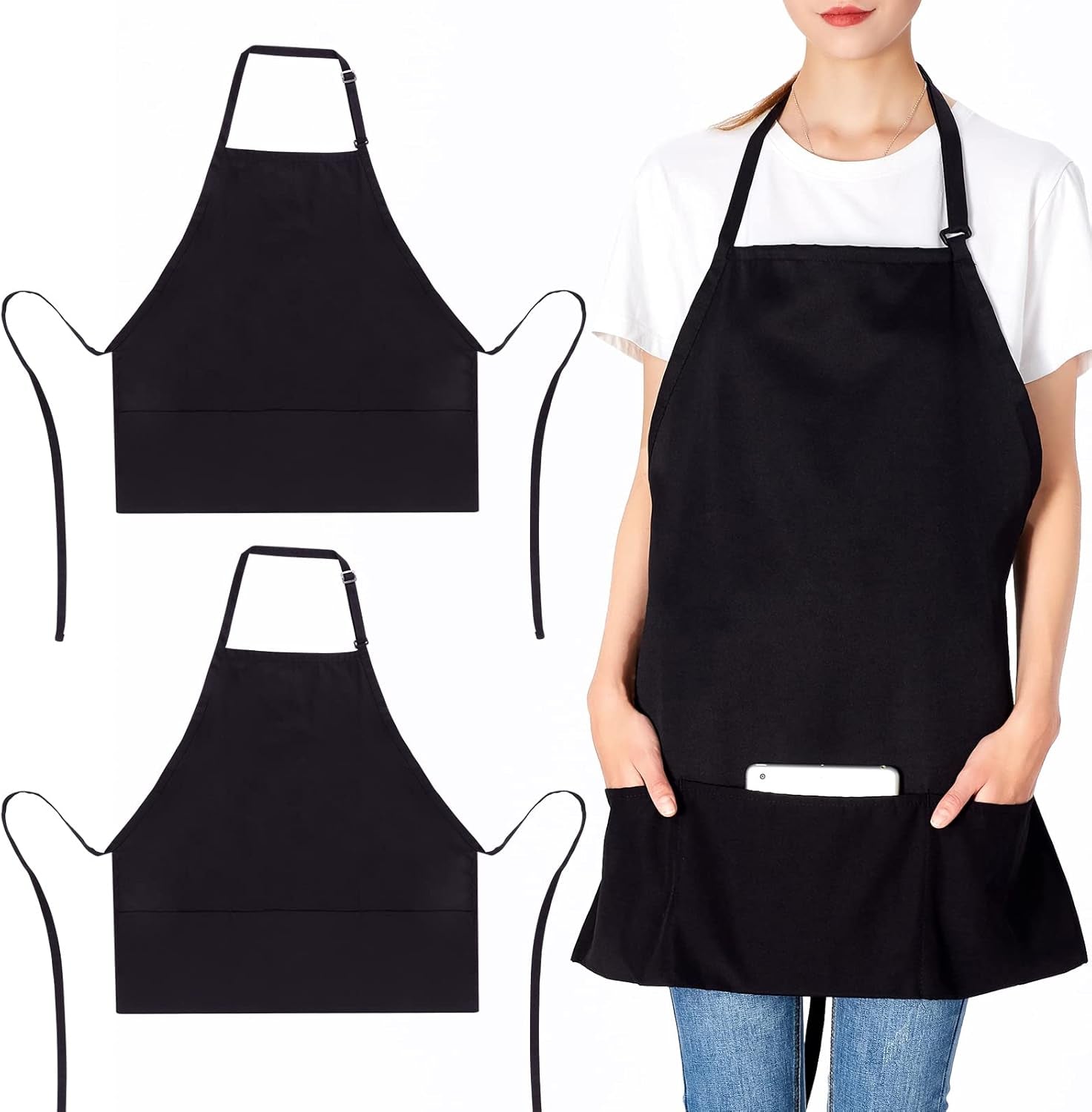 Jubatus 2 Pack 3 Pockets Adjustable Bib Apron Chef Kitchen Cooking Aprons for Women Men. Black - Image 8
