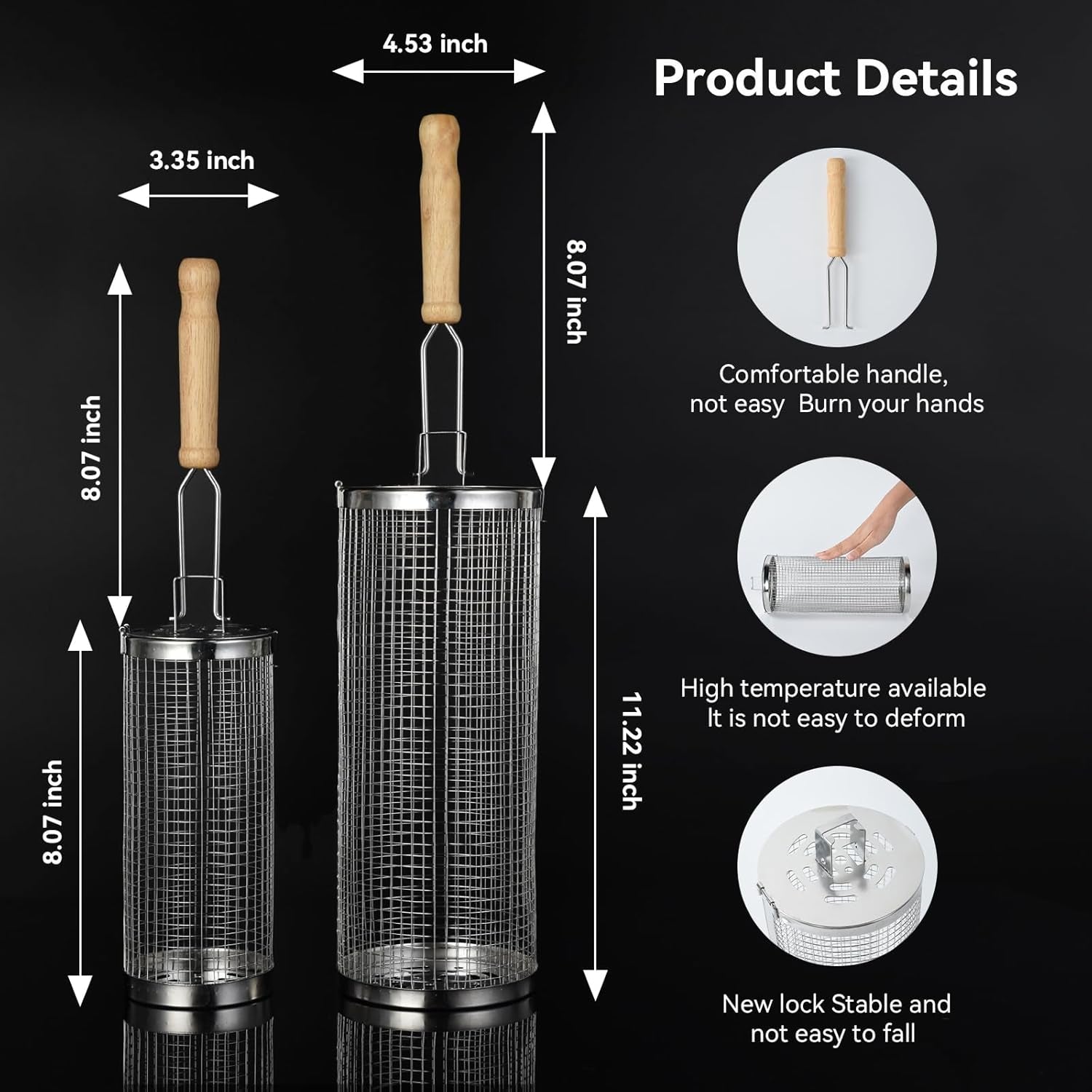 Rolling Grill Baskets for Outdoor.2 PCS BBQ Grilling Basket with Removable Wooden Handle. 5 and 3Diameter 304 Stainless Steel BBQ Net for Vegetables Seafood Meat. Camping Birthday Gifts for Men Dad Husband - Image 4