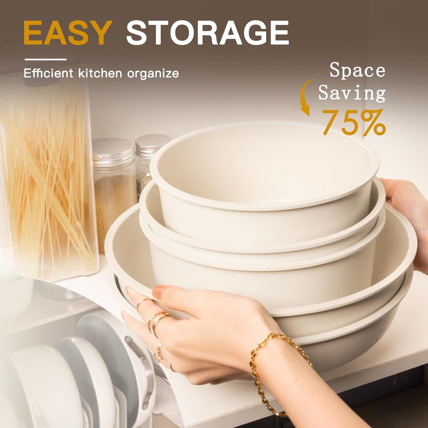 Astercook 21 Pcs Pots and Pans Set Non Stick. Ceramic Cookware Set Detachable Handle. RV Kitchen Cooking Set Removable Handles. Oven Safe. Induction Ready. Stackable Non-Stick Set. Cream White - Image 6