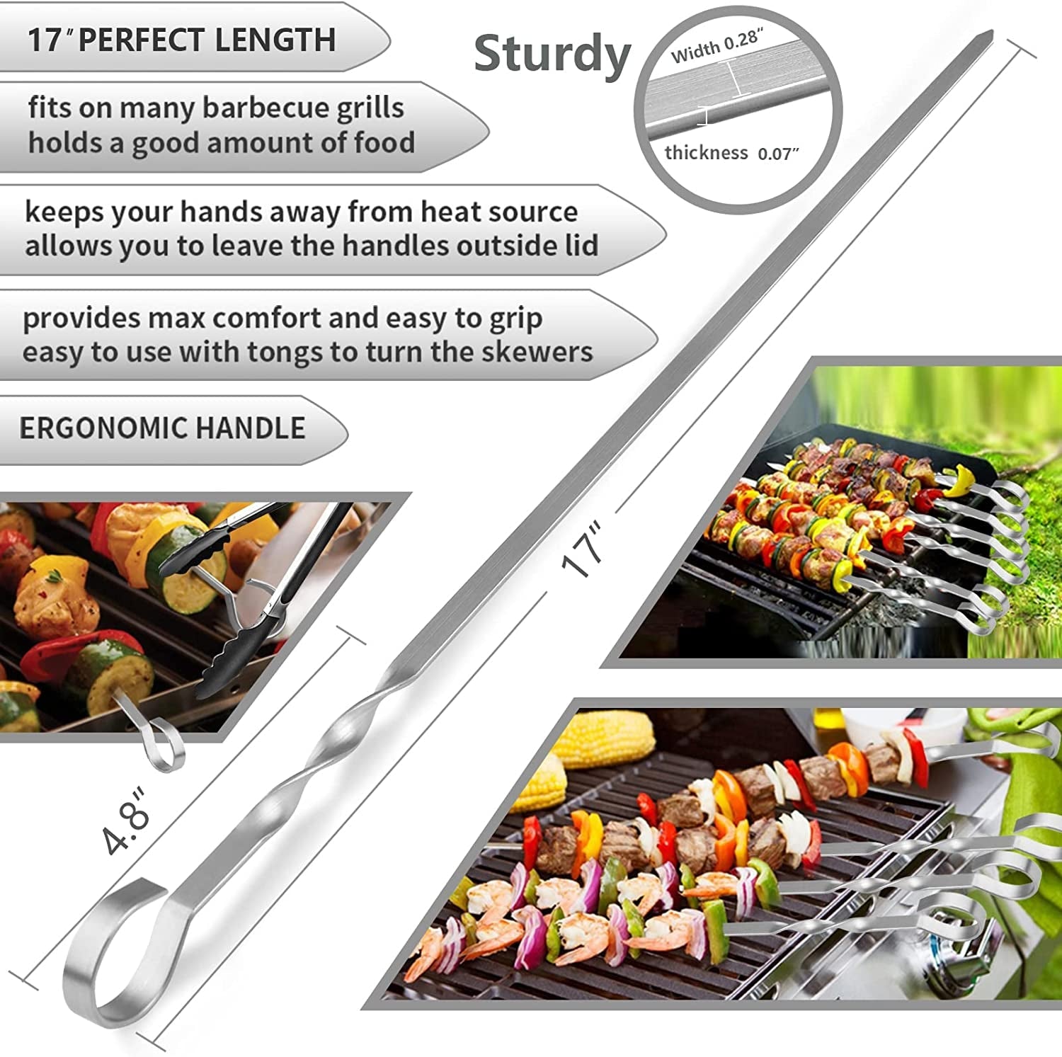 Skewers for Kabobs. 17 Metal Kebab Skewers for Grilling Flat Long Stainless Steel Kabob Skewers Sticks. Reusable Grill Shish BBQ Barbecue Skewers for Meat Chicken Vegetable. 12 Pack Bonus 14 Inch - Image 2