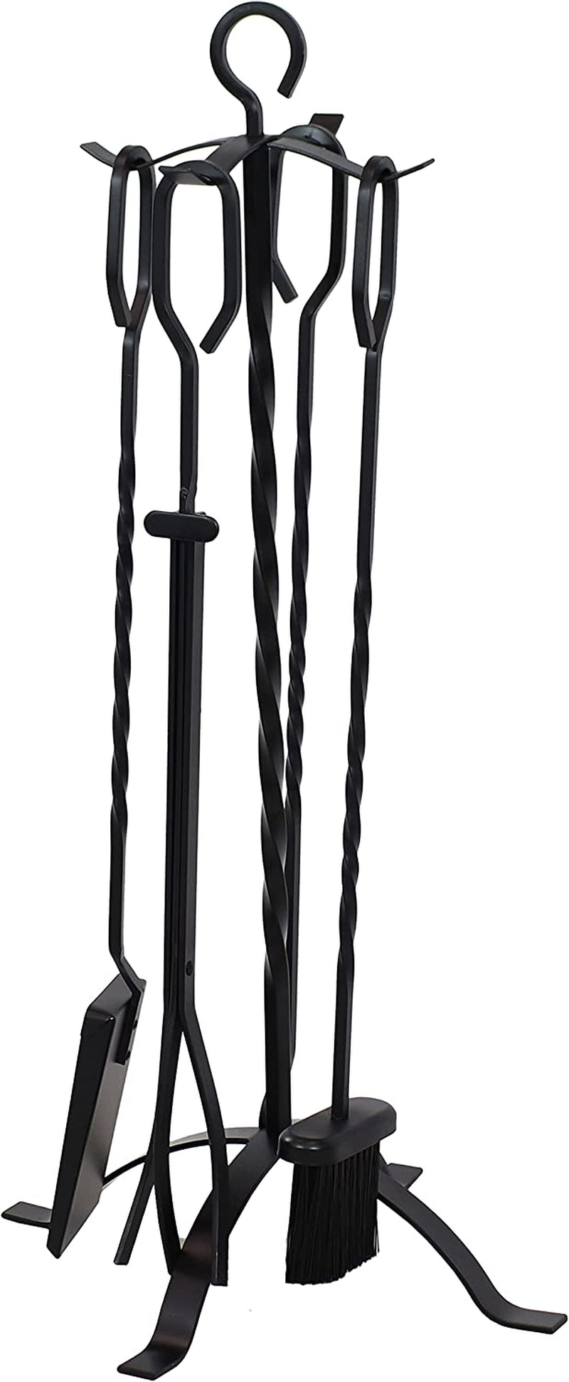 Sunnydaze 4-Piece Fireplace Tool Set with Stand - Heavy-Duty Black Steel Poker. Shovel. Log Grabber and Broom - Image 8