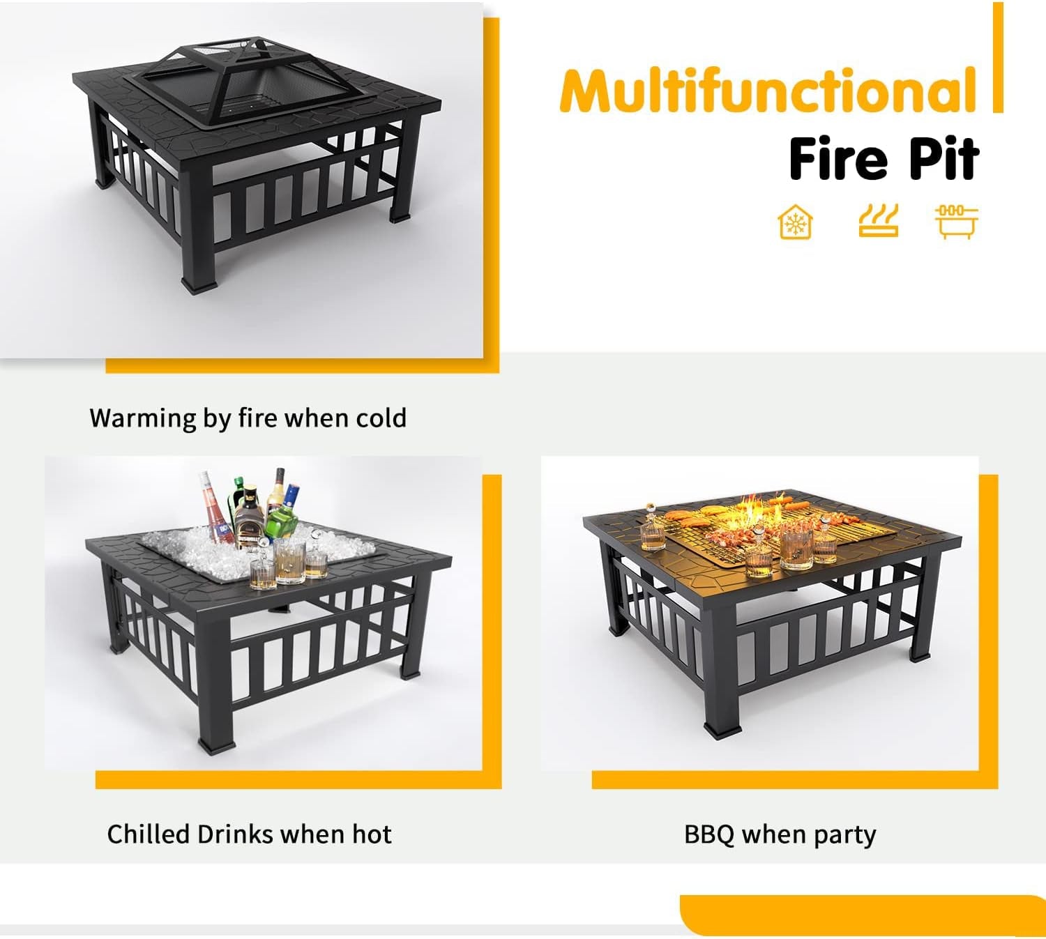 Tuoze 32-Inch Fire Pits Outdoor Patio Metal Multifunctional Firepit Table with Waterproof Cover for Camping Bonfire Party Picnic BBQ Backyard Garden outside Heating.Black - Image 2