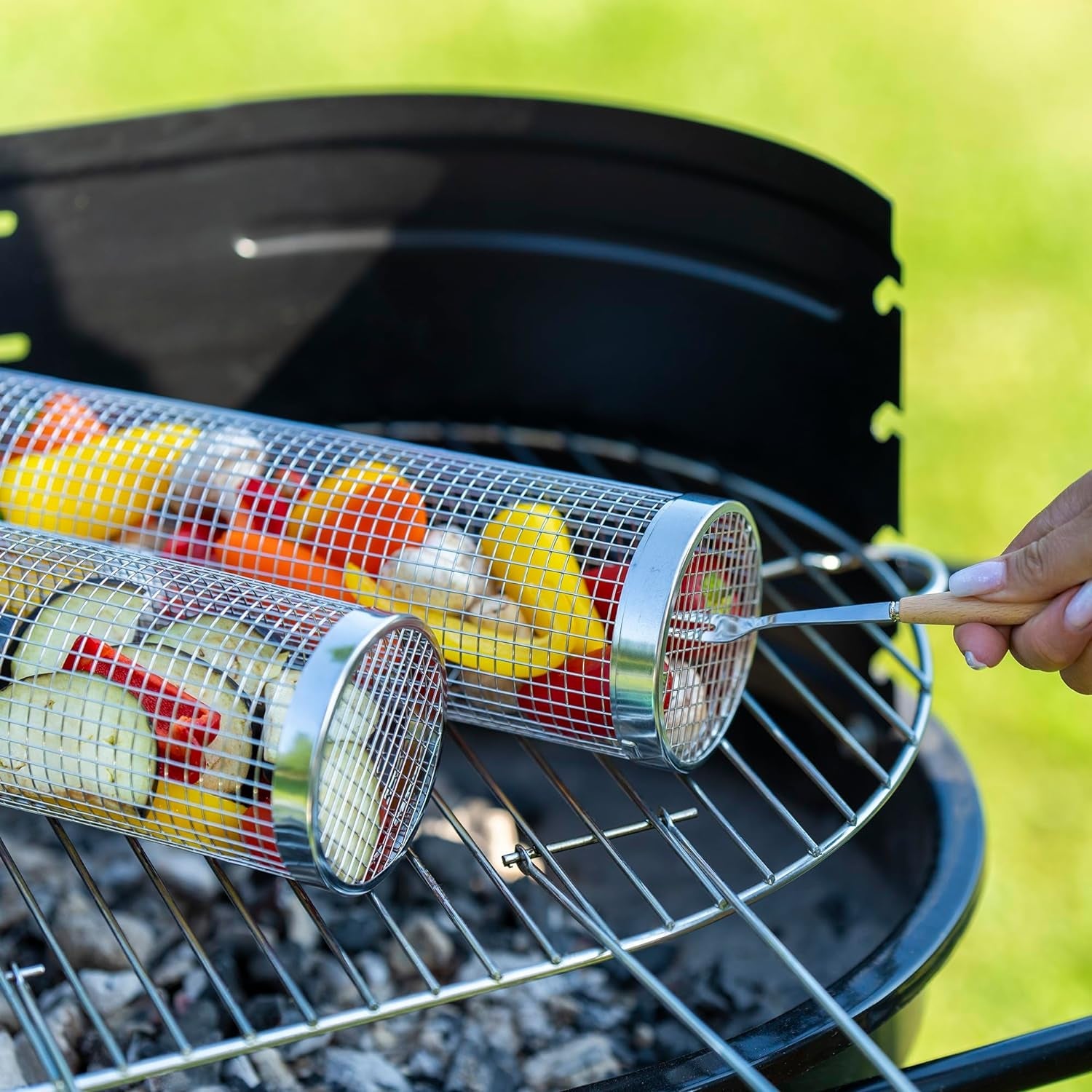 Rolling Grill Basket Set - Two BBQ Grilling Baskets. One Oil Brush. Fork and Hook. BBQ Grilling Accessories Set - Perfect Grill Accessories for Outdoor Grill or Campfire Grill Grate. Grill Pan Grill Tools Grilling Gifts - Image 6