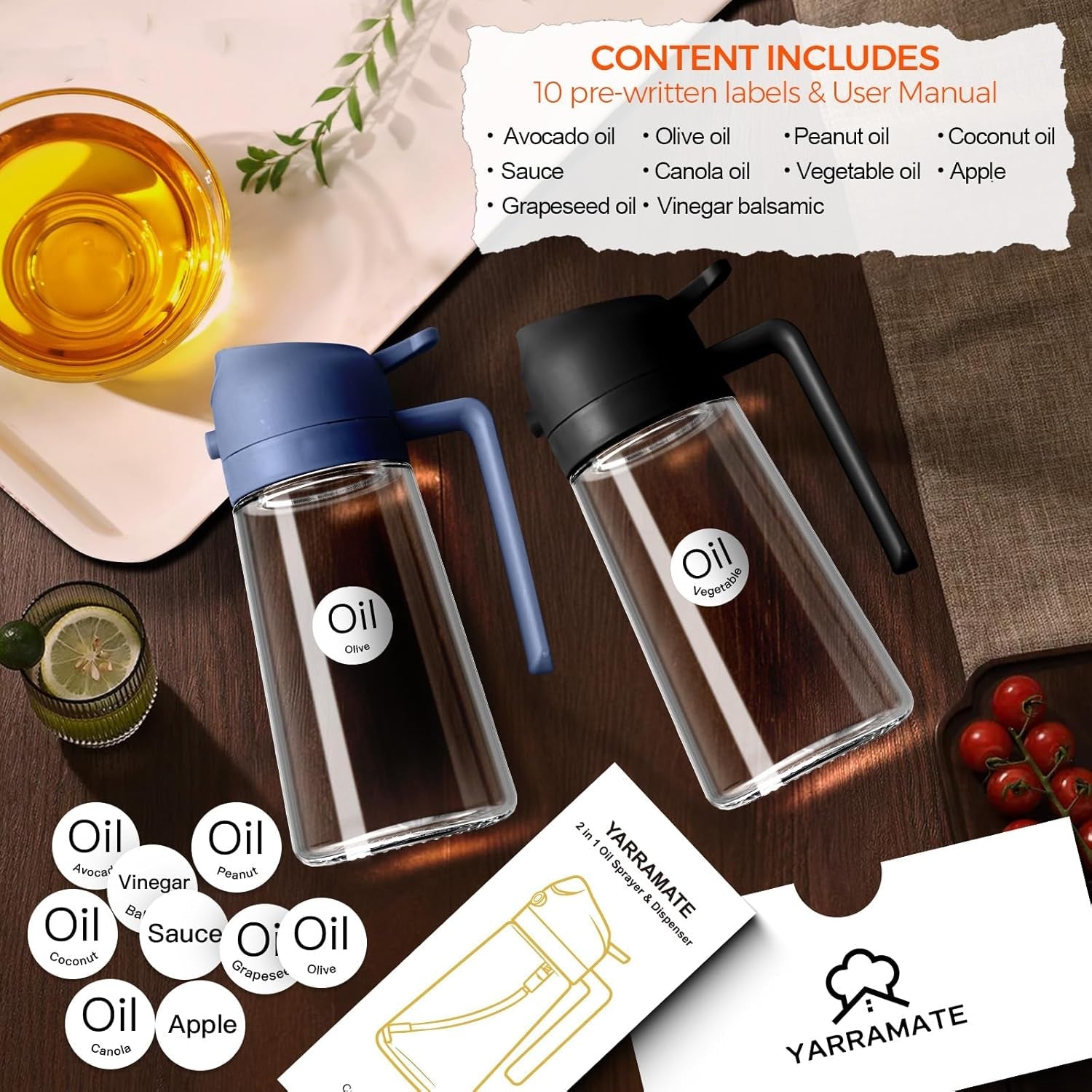 YRRAMATE 16oz Glass Olive Oil Sprayer – 2‑in‑1 Dispenser with Stickers & Portion Control (Navy) - Image 2