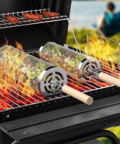 Rolling Grilling Baskets for Outdoor Grill. 2 Pcs BBQ Grill Basket. Stainless Steel Barbeque Grill Accessories Set. Camping Picnic Cooking Tools for Vegetable/Shrimp/Chicken. Gifts for Men Dad Husband