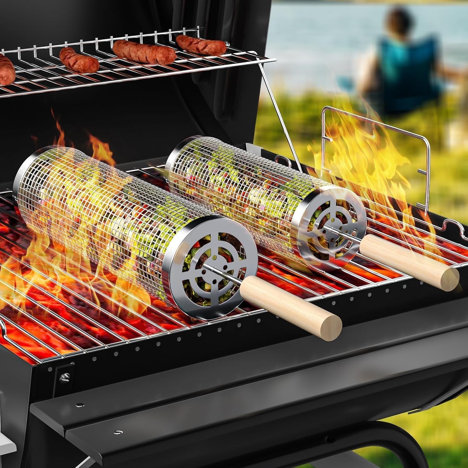 Rolling Grilling Baskets for Outdoor Grill. 2 Pcs BBQ Grill Basket. Stainless Steel Barbeque Grill Accessories Set. Camping Picnic Cooking Tools for Vegetable/Shrimp/Chicken. Gifts for Men Dad Husband - Image 9